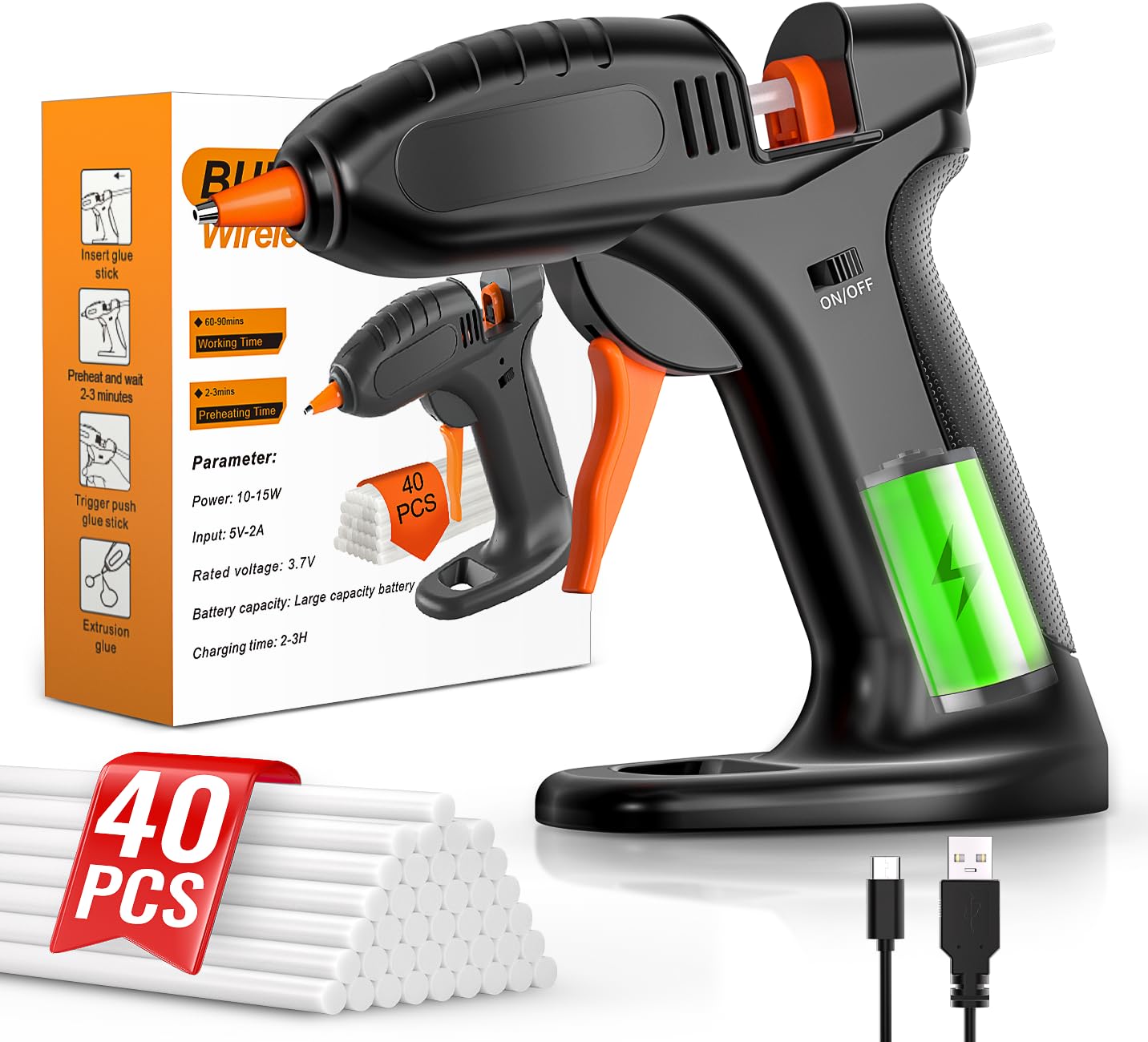 BURNNOVE Heißklebepistole Akku Heissklebepistole Kabellos mit 3000mAh Akku USB-C Aufladung Schnell Aufheizend 40 Stk 7mm*150mm Klebestifte Tropfsicher Ideal für DIY Basteln Reparatur Zuhause und Büro
