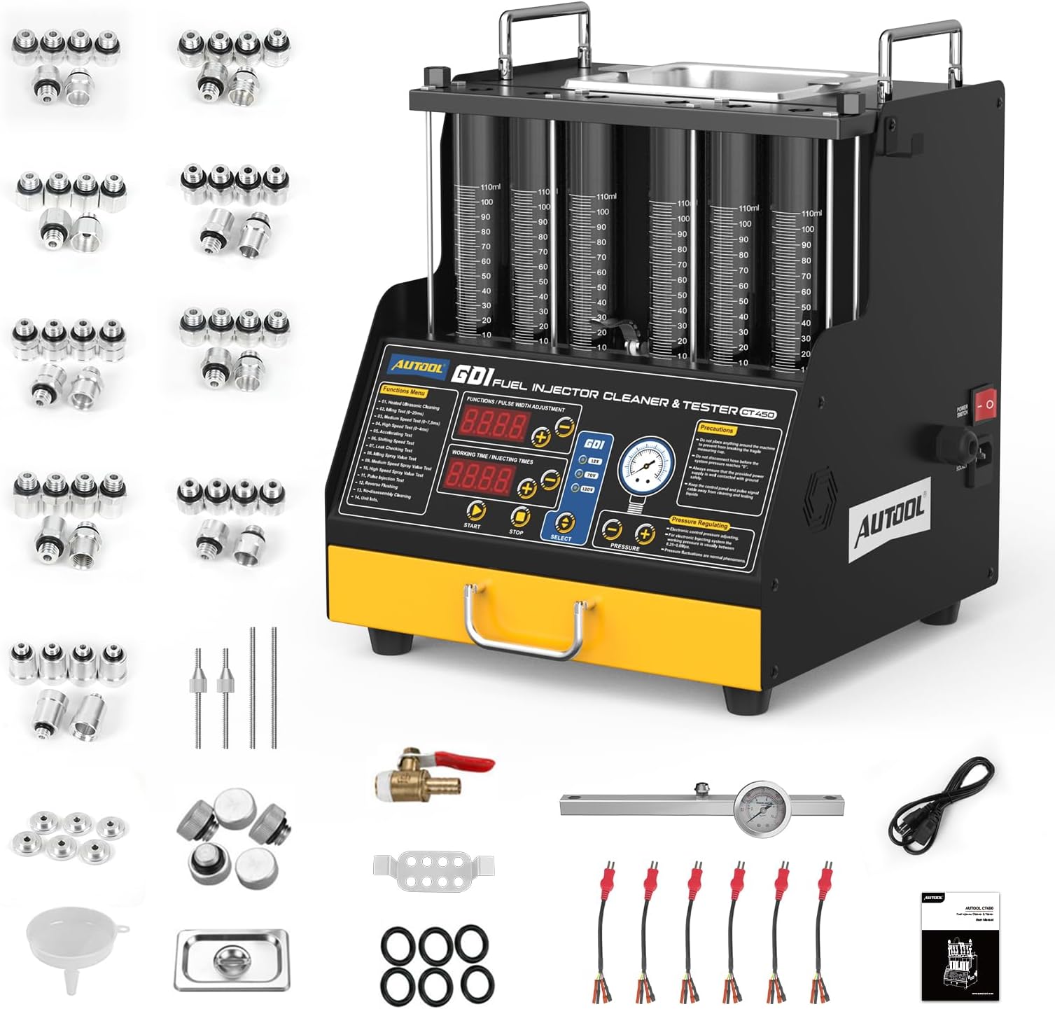 Fuel Injector Cleaner Tester Machine, Ultrasonic Fuel Injection Cleaner with Heating Function 6 Cylinder for GDI, EFI, FSI, 12V/70V/120V Options, Digital Display, 10 Test Modes