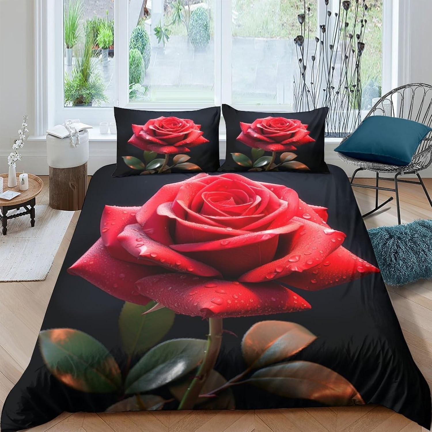 Housse de couette 3D imprimée 135x200 cm parure de lit fleur rose en microfibre
