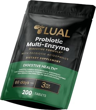 LUAL Probiotic Multi-Enzyme for Digestive Health. Probiotic + Digestive Enzymes for Women & Men. Lactobacillus Acidophilus, Bromelain, Papain | 200 Tablets 66 Days Supply