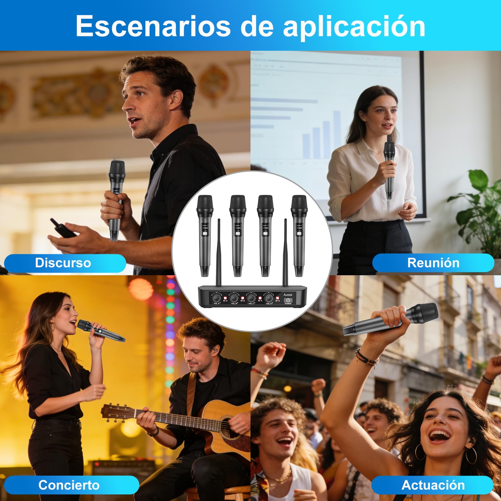 Aveek Sistema de Micrófono Inalámbrico con 4 Micrófonos de Mano Dinámicos, Alcance 80m, Batería 40 Horas, Sonido Estudio Baja Latencia para Karaoke, Canto, Discurso, Iglesia, Escenario, Boda, DJ