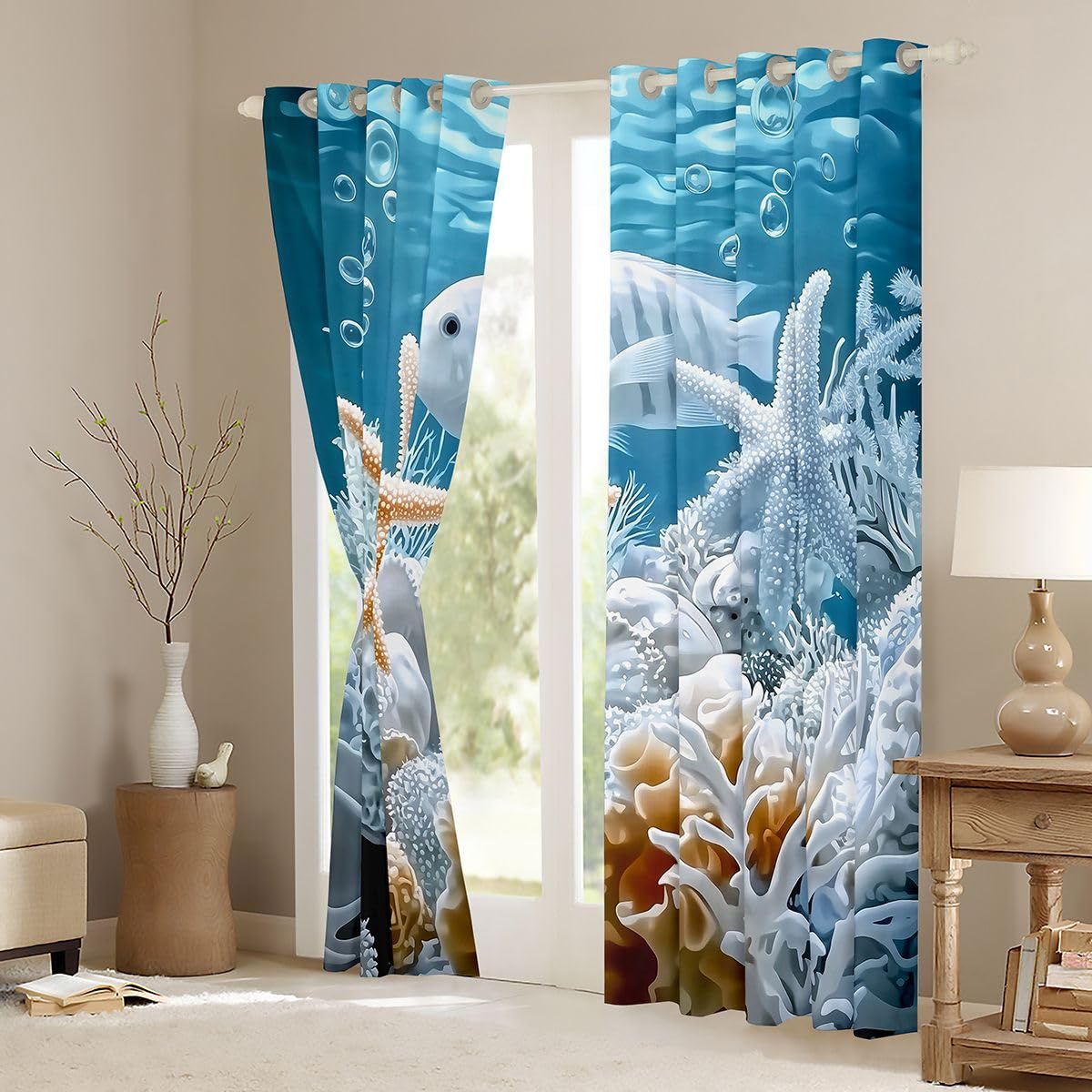 Lot de 2 rideaux de fenêtre pour adultes et enfants - Taille XL - Blanc corail - Bon rideau occultant - Marine Life - Océan bleu - 245 x 140 cm