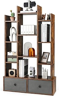 COSTWAY Tree Bookshelf, 7/12-Tier Wooden Bookcase Storage Shelving Unit with Folding Drawer, Freestanding Magazine Book Display Rack for Home Office Living Room (Rustic Brown with 2 Drawers, 12-Tier)