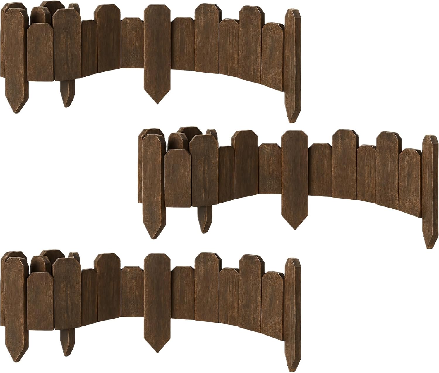 Wood Garden Edging, Staggered Wooden Edging Border Decorative Small Picket Panels for Flower Bed Barriers and Landscape Fencing (3 Pack)