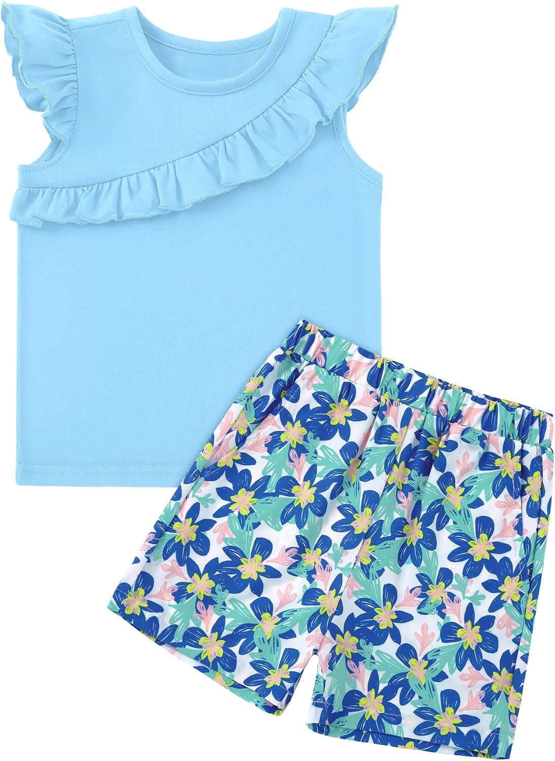 DISAUR Girls Summer Clothes 2 Piece Outfits Ruffle Sleeveless Top and Floral Shorts with Pockets Girls Clothing Sets 4-8Y