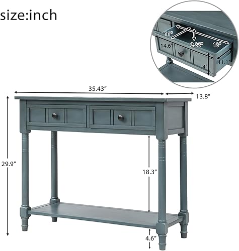 Miniatura 2 de P PURLOVE Mesa consola de madera con 2 cajones y estante inferior para dormitorio (azul marino)