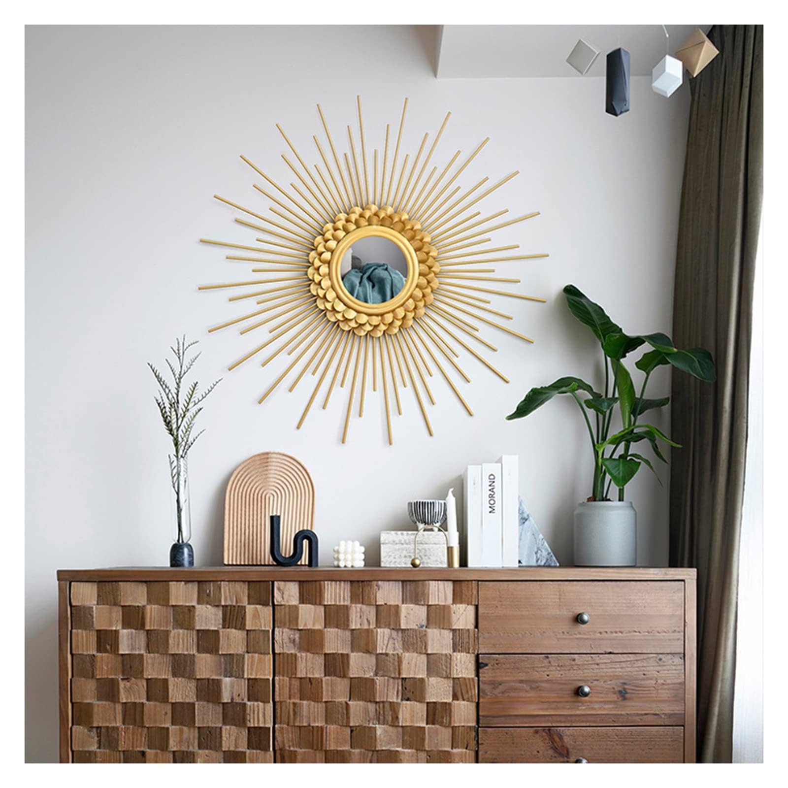 Sonnenförmiger Wandspiegel dekorativer Spiegel großer Wandmontierter runder Spiegel Golden Metall für Wohnzimmer Schlafzimmer Flur Restaurant Zubehör Accessoires,23.6in
