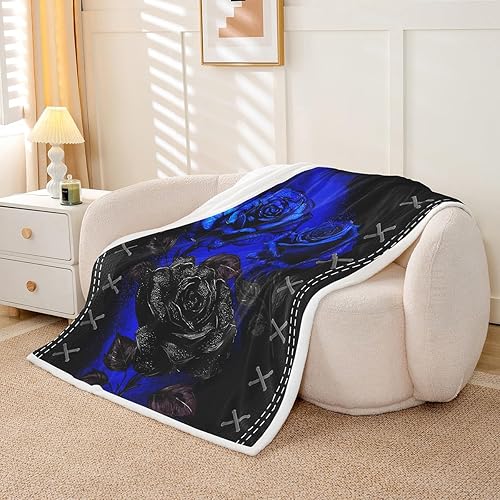 Miniatura 2 de Manfei Manta de rosas azul rey, manta para cama de flores negras, para decoración de habitación de niños, niñas, adultos, manta floral botánica para