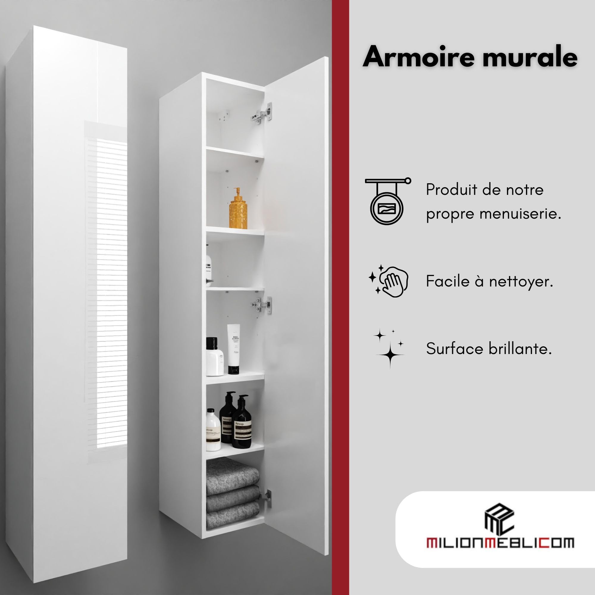 Armoire de Salle de Bain - Meuble Mural Pliable - Ouverture télescopique - Porte à Droite/Gauche - Blanc Mat/Blanc Brillant - Dimensions : 160 x 30 x 30 cm