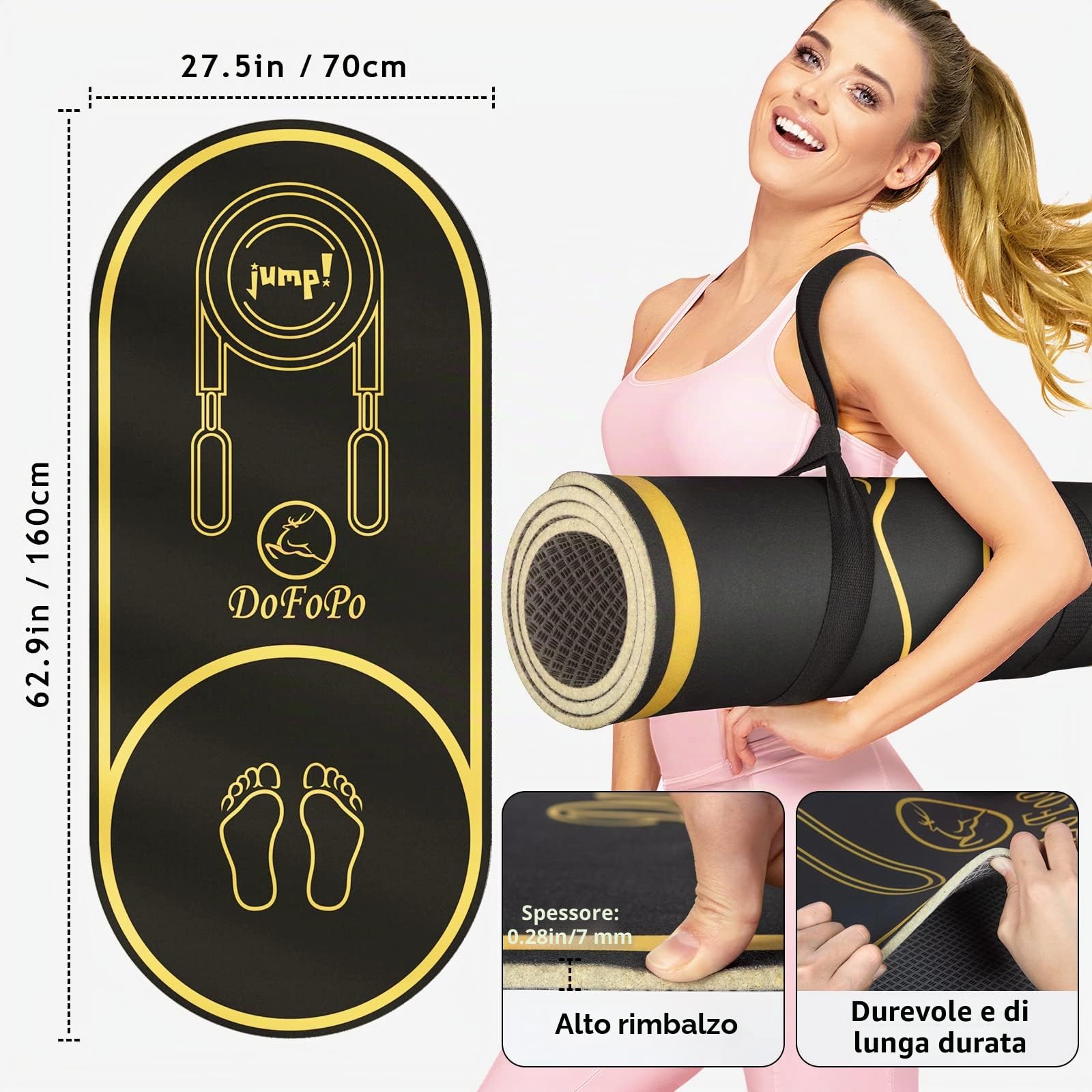 Tappetino per corda per saltare 160 x 68,6 cm, antiscivolo, per interni ed esterni, spessore 7 mm, ad alta densità, per allenamento a casa, palestra, pavimenti in calcestruzzo, corda per saltare
