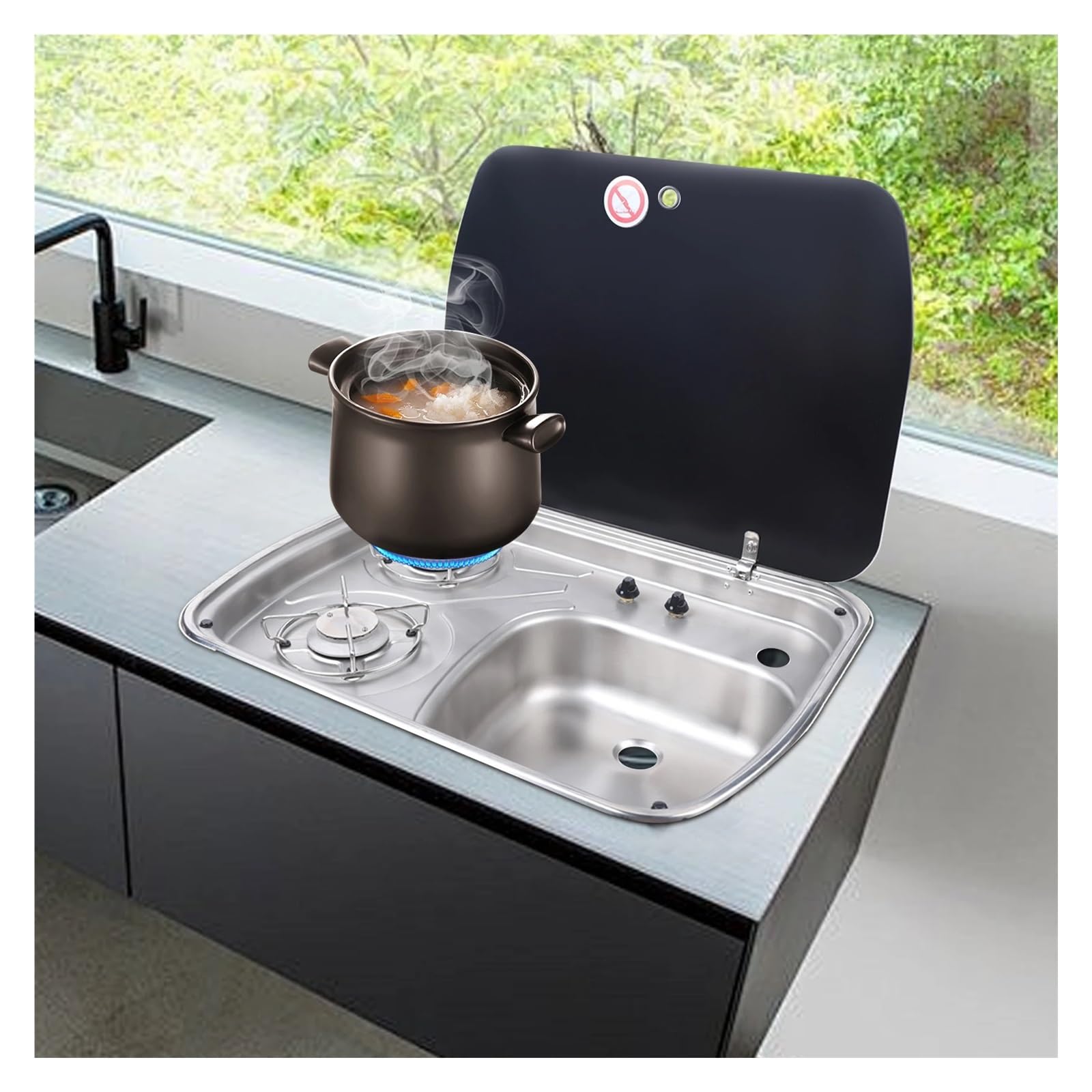 Cucina for Camper, roulotte, Barca, Piano Cottura a Gas a 2 fuochi e lavello con Coperchio in Vetro temperato, lavabo in Acciaio Inossidabile, Cucina for Camper