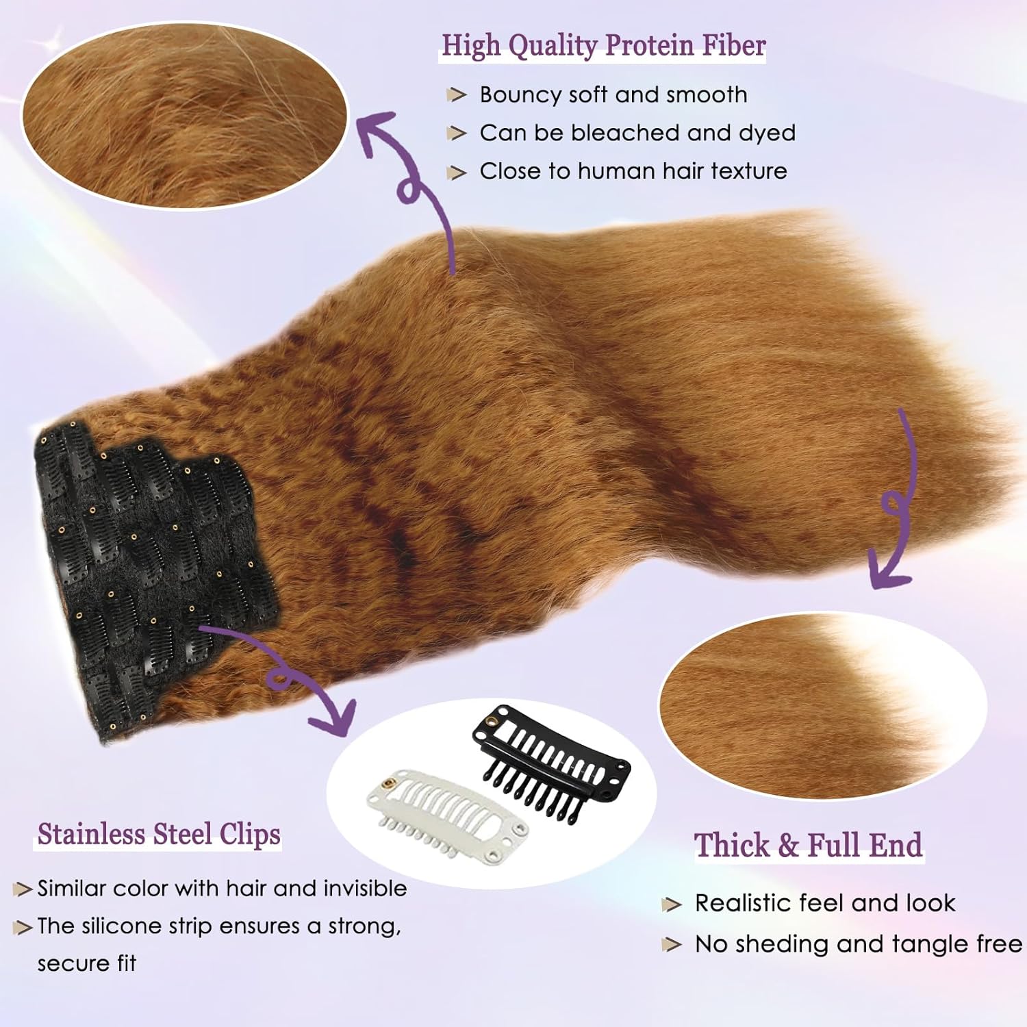 Kinky Straight Clip in Hair Extensions 130g 6Pcs Protein Fiber Close to Human Hair Clip in for Black Women Full Head Double Weft 20inch #30