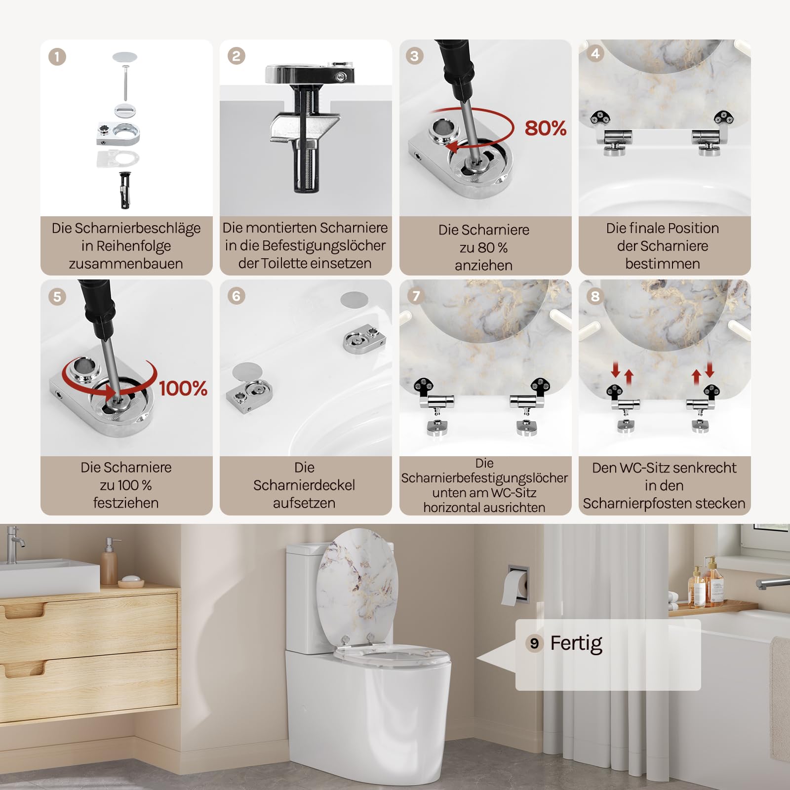 WOLTU Toilettendeckel mit Absenkautomatik Holz, Toilettensitz Klodeckel Klobrille WC Sitz O-Form mit Scharnieren, Quick-Release Funktion für leichte Reinigung