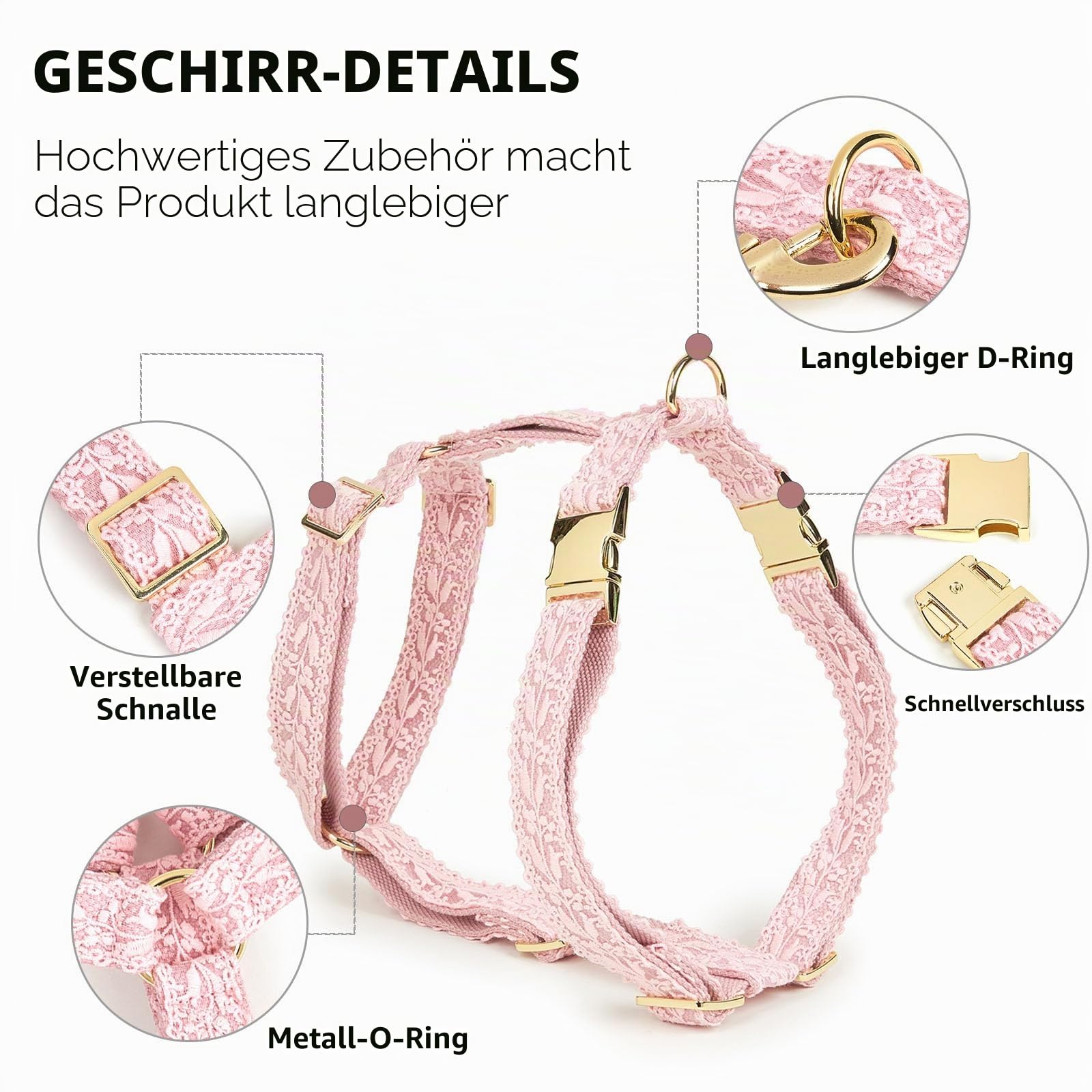 Besticktes Hundegeschirr und Leine Set für mittelgroße Hunde Verstellbare Baumwollspitze Handgemacht 1,2-1,5 m Leine mit Schleifenblume Geschenk für weibliche Hunde M