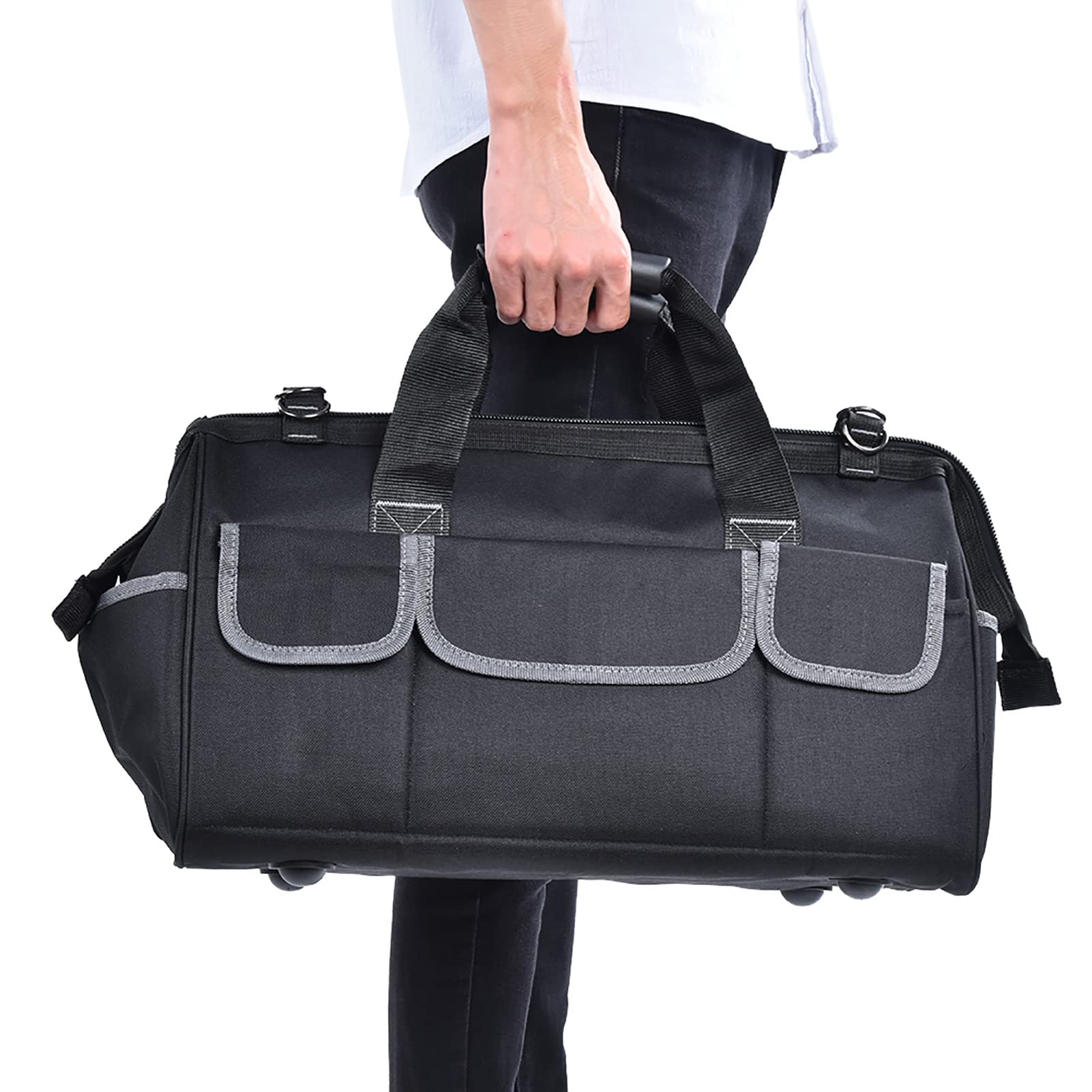 Bolsa de herramientas de tela Oxford de 19 pulgadas Estuche de almacenamiento de hardware resistente al desgaste gris con correa de hombro ajustable y asa de almohadilla de