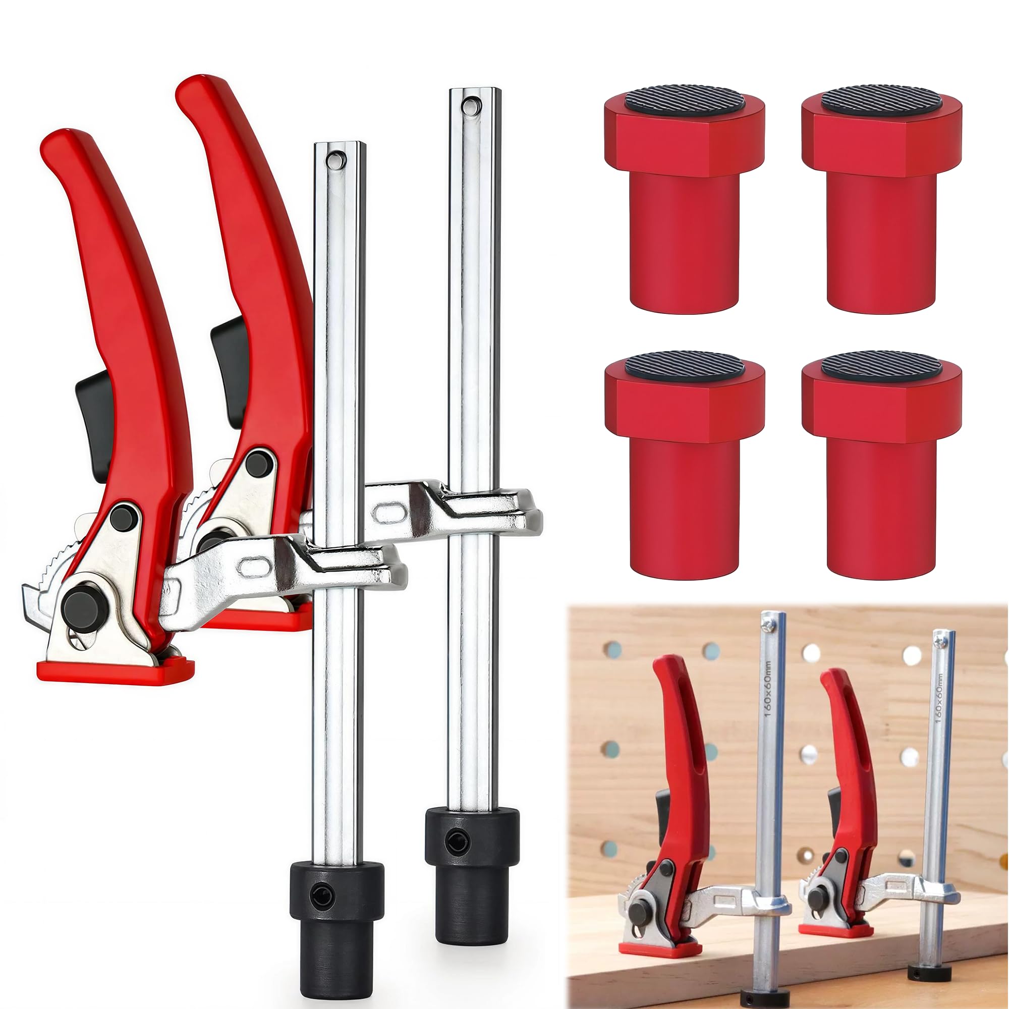 Lot de 6 supports bas : 2 colliers de serrage de 20 mm et 4 crochets d'établi en acier au chrome vanadium, pince à serrage rapide 160 x 60 mm pour le travail du bois, table MFT et établi (rouge