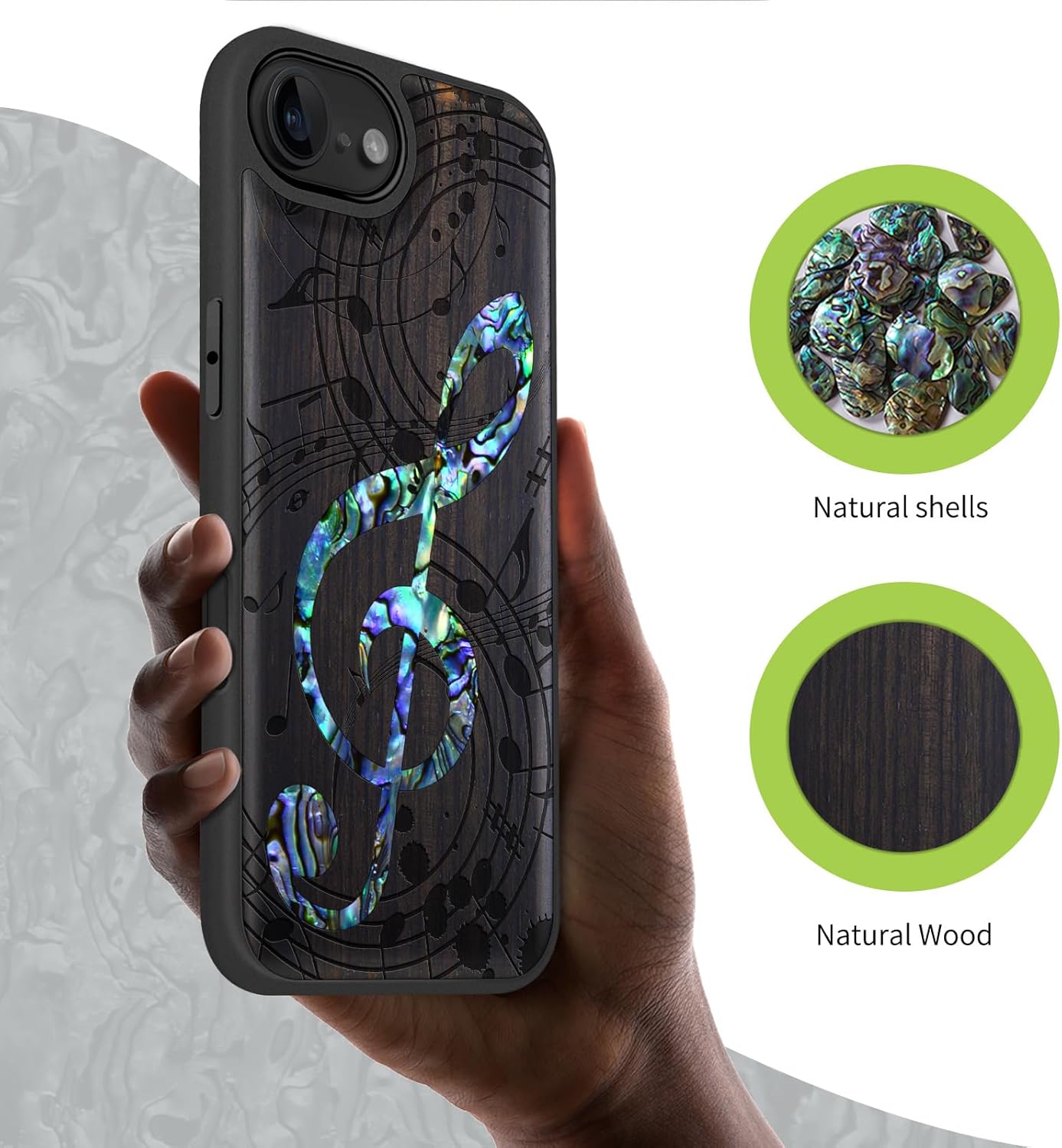 Carveit Magnetic Wooden Case for iPhone 16e / 17e, Wood Artisan Engraved & Handmade Shell Inlaid, TPU Shockproof Cover, Compatible with MagSafe Wireless Chargers, Musical Note - Blackwood