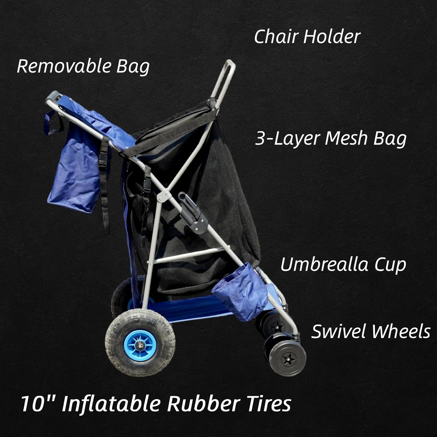 Beach Cart with 10'' Rubber Wheels, Collapsible Upright Push Pull Stroller Wheeler with Big Wheels for Sand, Holds 4 Folding Chairs, Pump Included