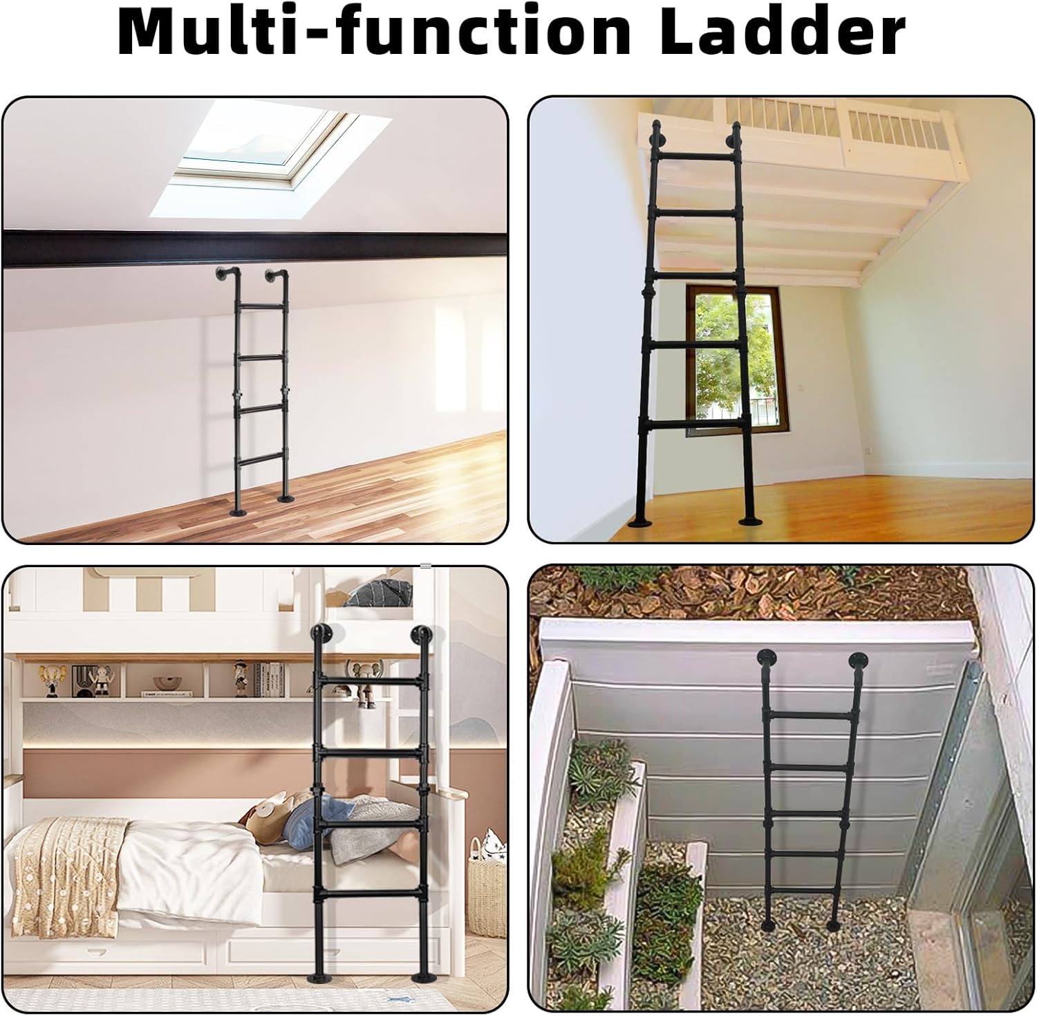 5.6FT/170cm Bunk Bed Ladder, Wall to Floor-Mounted Basement Window Well Egress Ladder, Wrought Iron Loads 330lbs, Indoor Outdoor 5-Rung, for Home Library Attic Loft Dorm Deck
