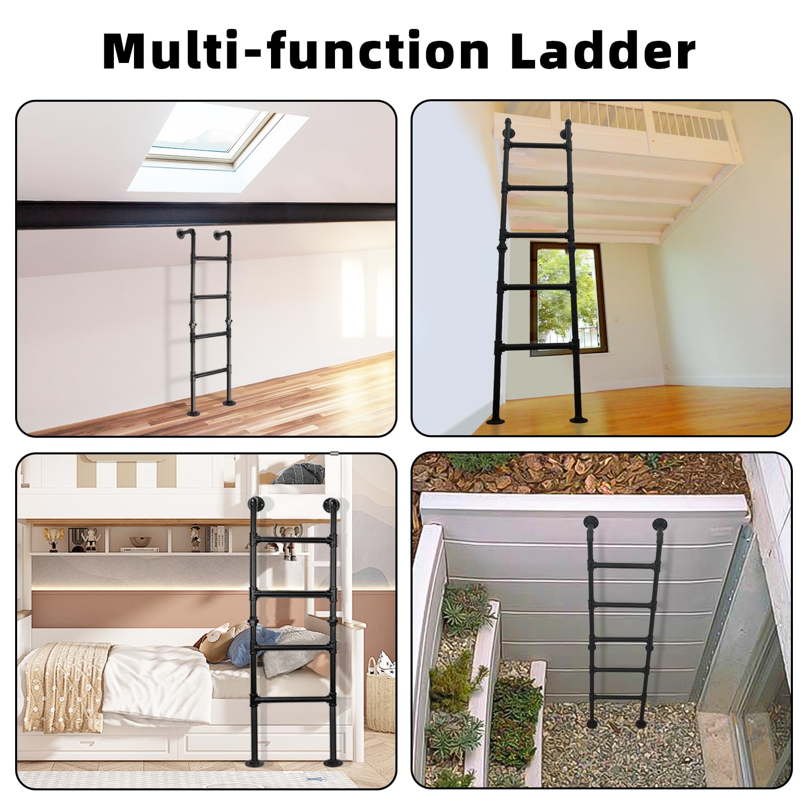 4-Sprossen Wandleiter aus schwarzem Metall, 146 cm/4.8FT, bis 150 kg belastbar, Wand- und Bodenmontage, Robuste Ausstiegsleiter für Etagenbett, Loft, Dachboden, und Kellerfensterschacht