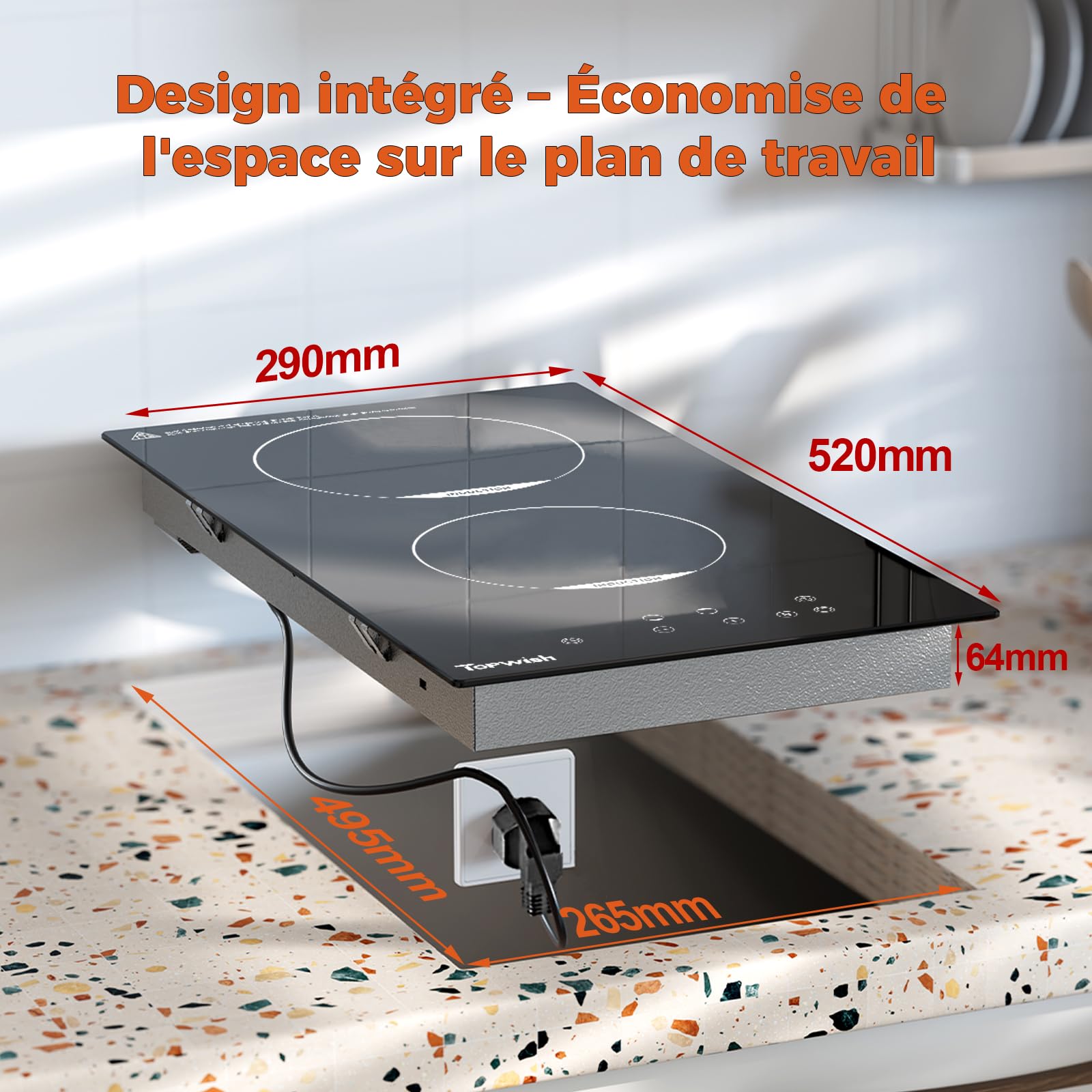 Topwish plaque induction 2 feux, plaque de cuisson induction 2 feux, plaque de cuisson electrique 30cm con verrou de sécurité, funzione Boost, voyant de surface chaude, protection d'extinction, 3500W