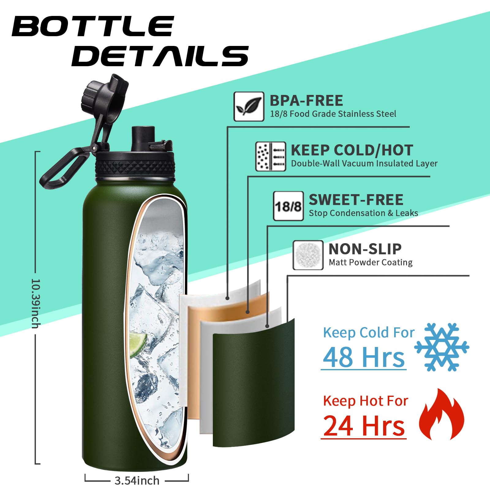 Borraccia termica in acciaio inox da 1180 ml, con isolamento sottovuoto per freddo 48 ore e caldo 24 ore, con cannuccia e coperchio, custodia per il trasporto, manico in paracord e stivale per