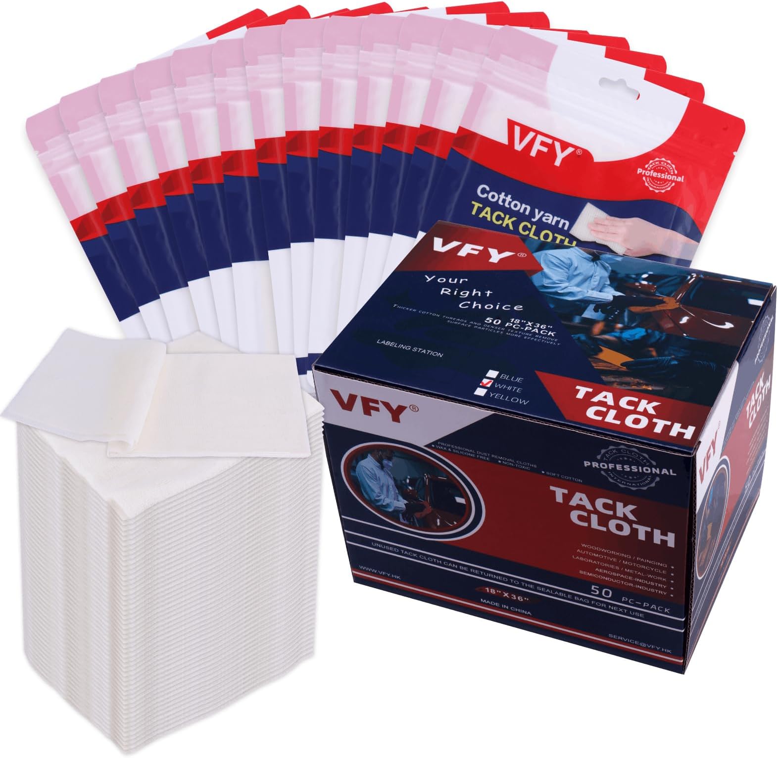 Tack Cloth 50-PC, Individual Wrapping High Tack White, 18"x 36" Size, 20x16 Mesh Tack Rags, Reclosable Zipper Bag, Wax & Silicone Free Anti-Static for Woodworking, Automotive Painting & Sanding