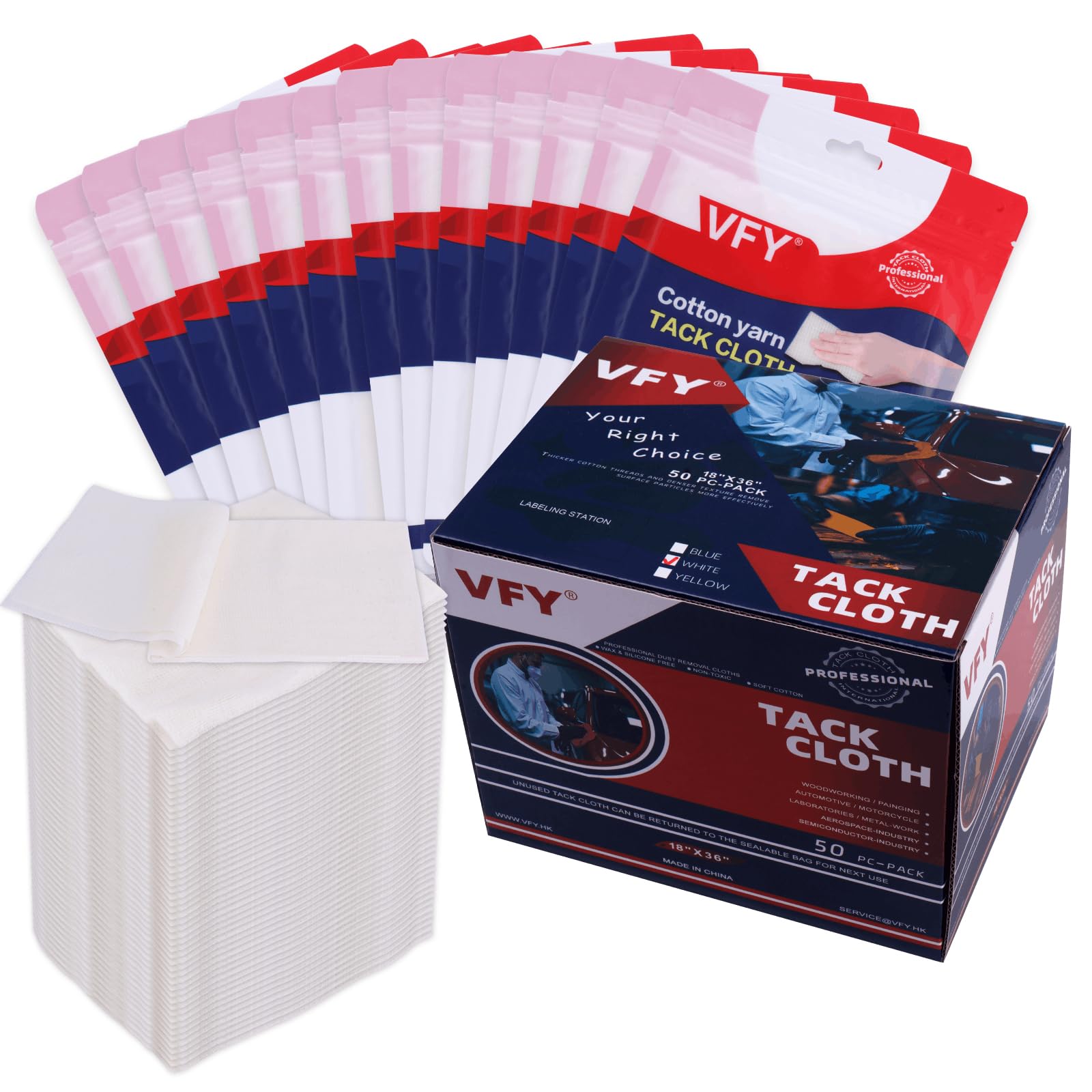 Tack Cloth 50-PC, Individual Wrapping High Tack White, 18"x 36" Size, 20x16 Mesh Tack Rags, Reclosable Zipper Bag, Wax & Silicone Free Anti-Static for Woodworking, Automotive Painting & Sanding