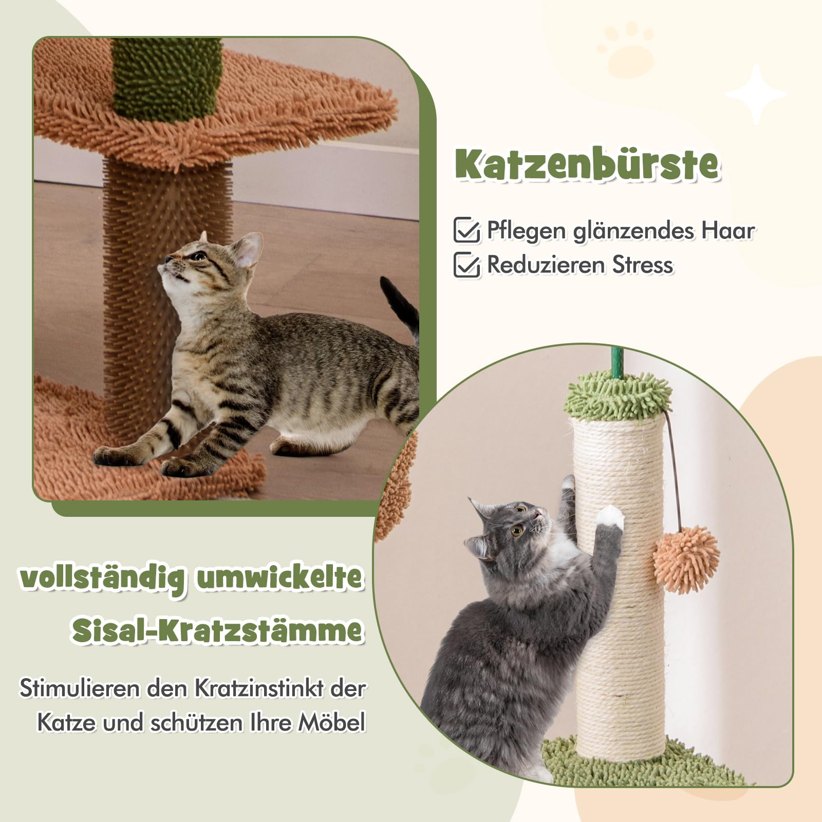 COSTWAY Drapak dla kota z platformami, sizalowy słupek, lina do zabawy, zabawka, łóżko do spania, szczotka do pielęgnacji futra i sztuczna roślina, meble dla kotów, drapak dla kotów, z drewna, zielony