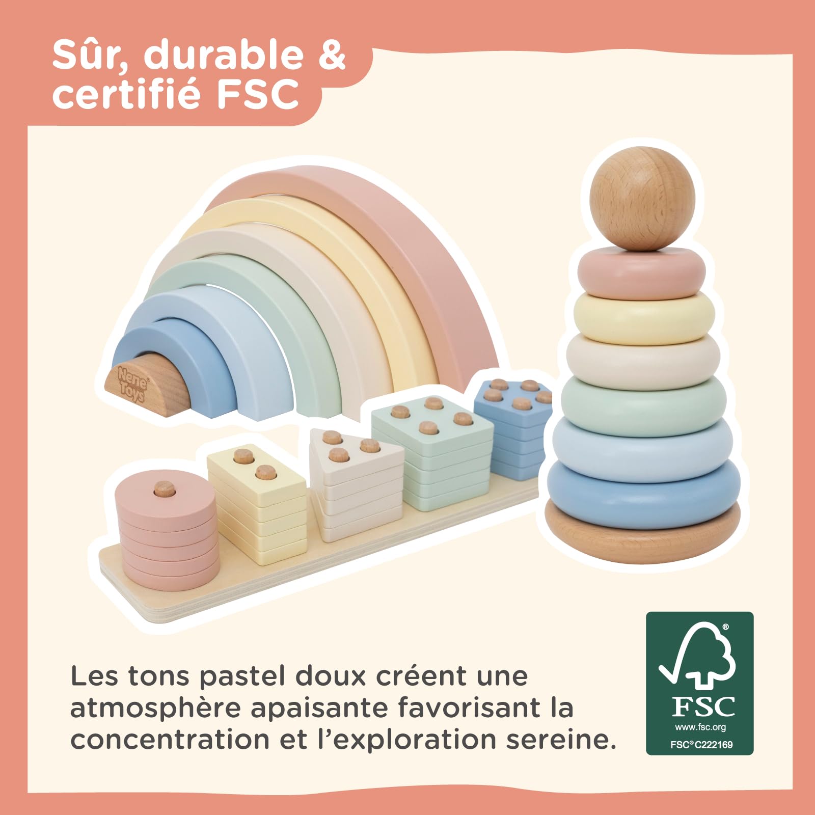 Nene Toys Jouet Montessori en Bois 3-en-1 pour Bébé 1 an – Arc-en-Ciel en Bois, Tour à Empiler & Jeu d’Encastrement – Jouet d’Éveil Enfant 1–3 Ans – Idée Cadeau Fille Garçon – Couleurs Pastel