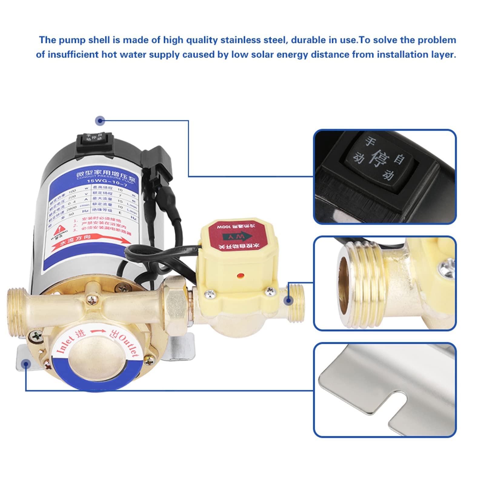Auto ar Bomba de Impulso, ar Automático Acero inoxidable Bomba de impulso automática para la ducha del grifo del fregadero tubería de agua del grifo Amplificador de agua a presión