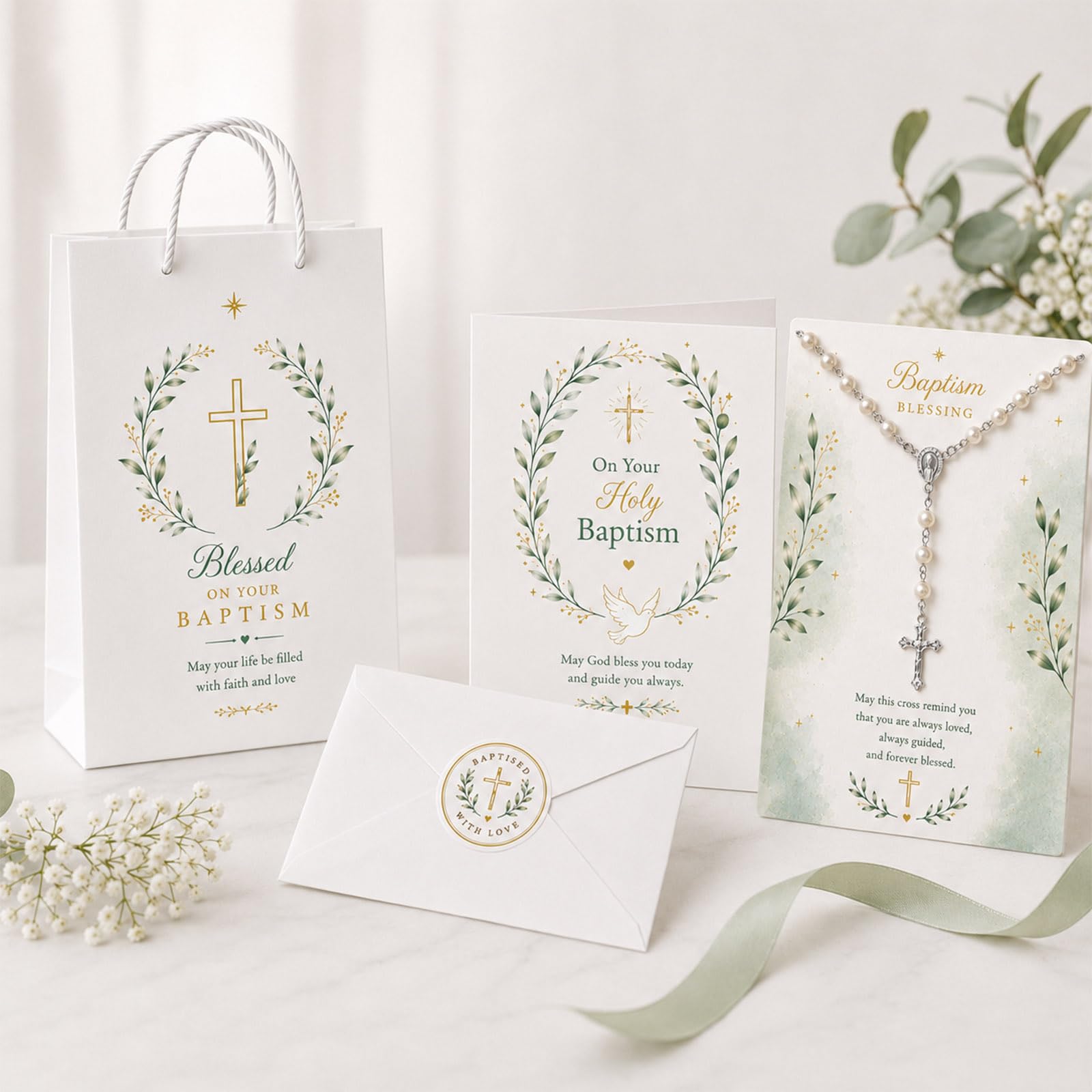 Baptism Gifts For Girls Set, Rosary Beads For Girls And Blessing Cards