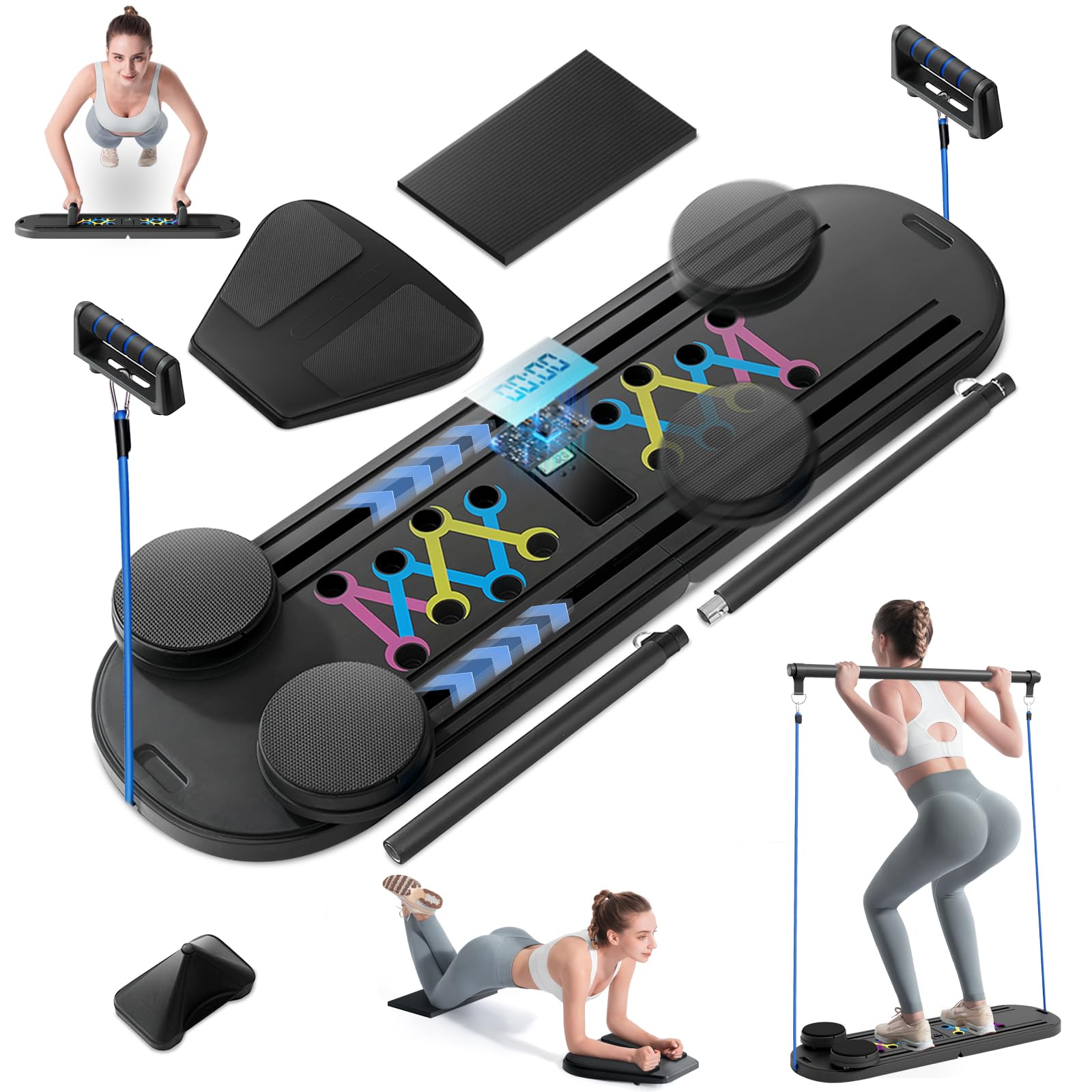 INSMEER Pilates Reformer, tavola pieghevole per pilates a casa con rullo addominale a rimbalzo automatico, tavola multifunzionale per esercizi addominali, corda di tensione, timer, set 6 in 1 per