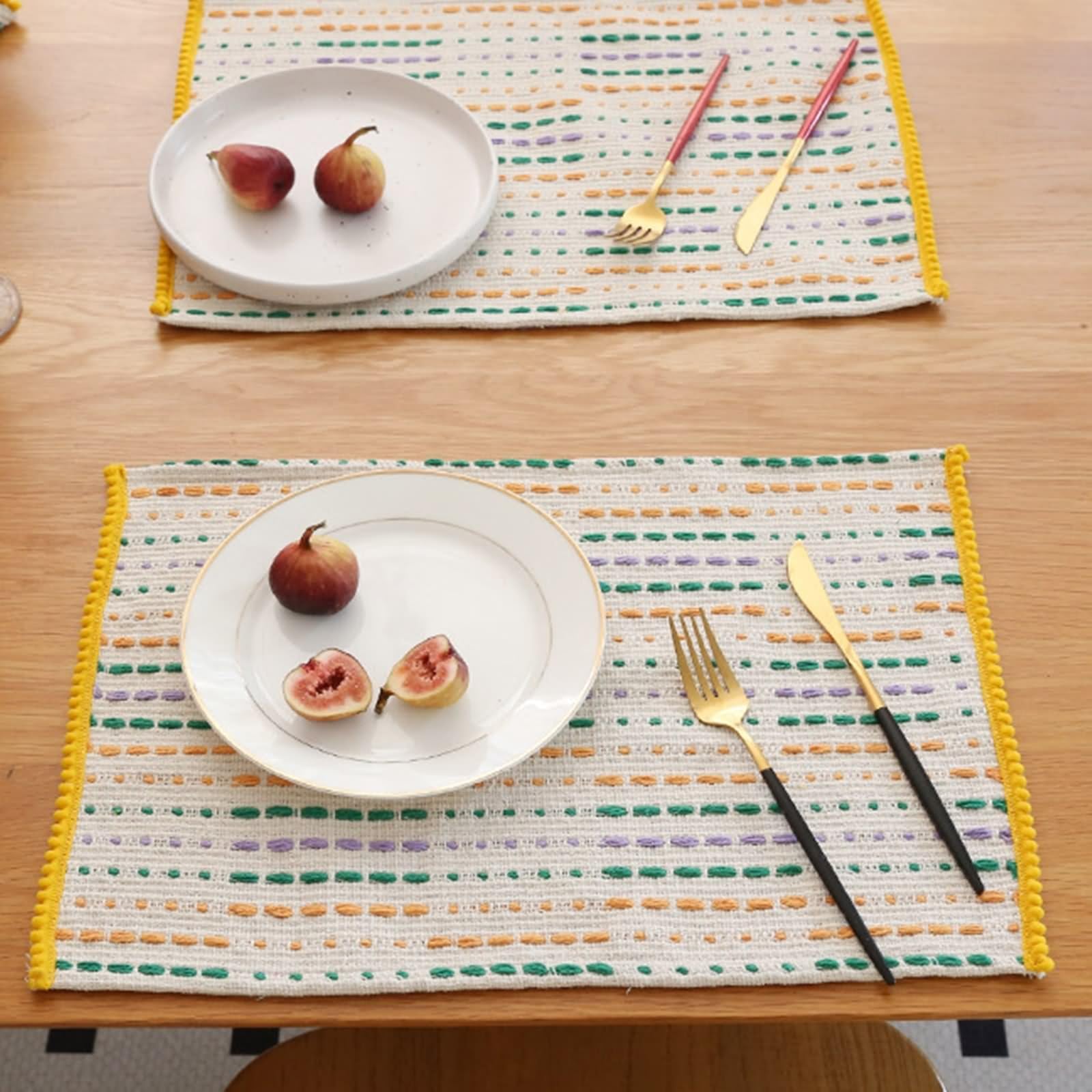 Set di 6 tovagliette all'americana, stile boho, 32 x 45 cm, motivo intrecciato, in poliestere e cotone, giallo e verde