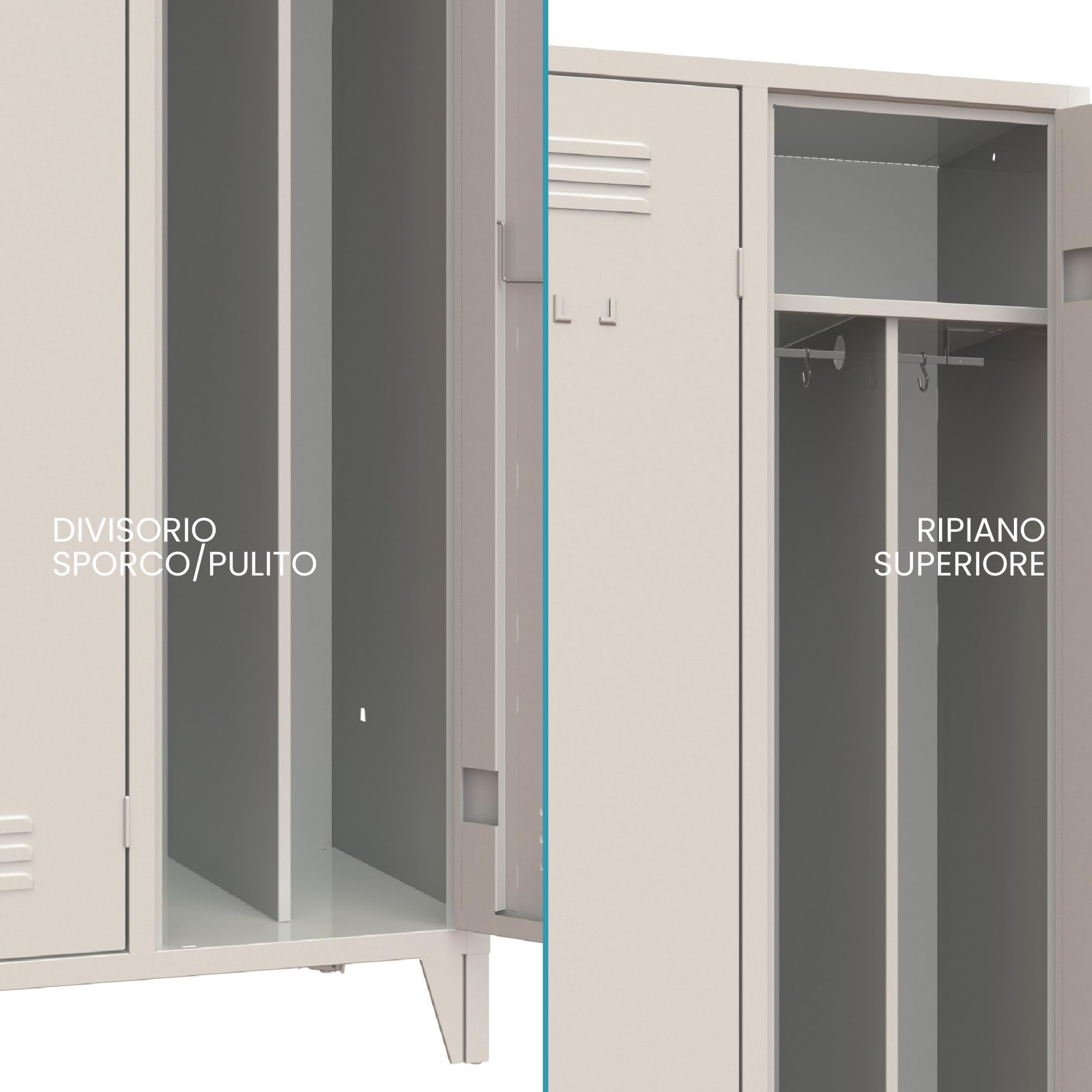 XLOCKERS Armadio Spogliatoio Monoblocco 2 Posti in Metallo - Armadio Robusto Made In Italy con Divisorio Sporco/Pulito - Grigio RAL 7035-69x50x180cm
