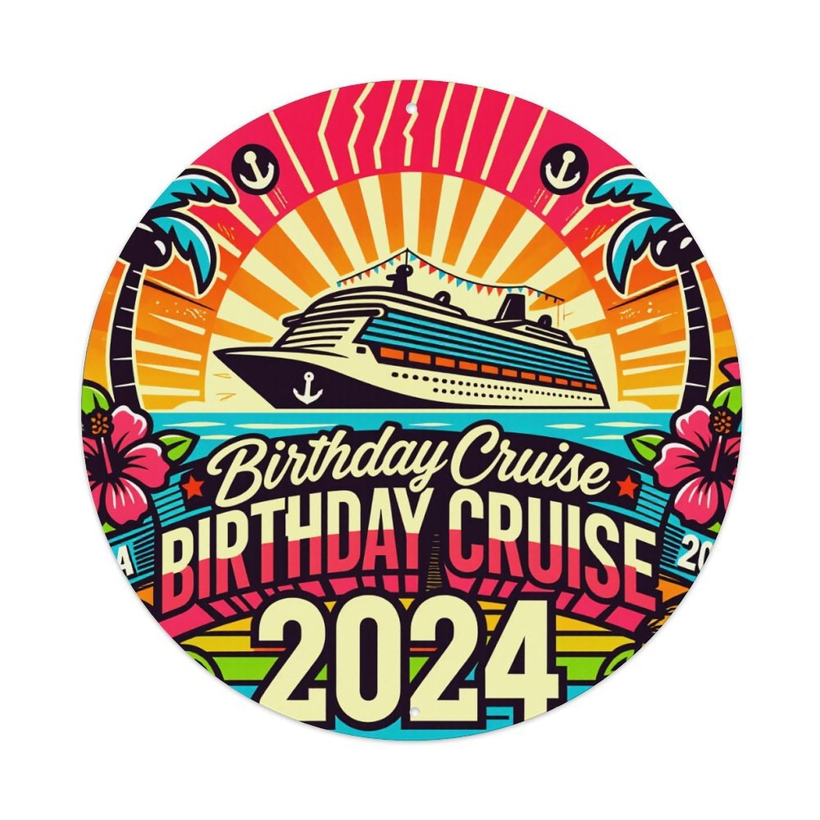 Cruise Ship Palm Trees Sunburst Flowers Round Tin Sign Vintage Metal Poster Retro Bar, Home, Man Cave, Kitchen, Laundry Room Wall Art Decor Gift 8x8Inch