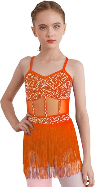 YEAHDOR Latin American Dance Dress Girls with Tassel Sequins Leotards Ballet Leotards Ballet Sleeveless Costume Samba Rumba Salsa - 1