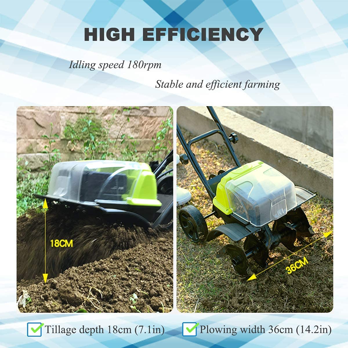Motoazada de jardín,Rotavator inalámbrico,Rotavator de jardín inalámbrico con batería Recargable y Cargador para labranza,Profundidad 18 cm, Ancho de Tierra cultivada 36 cm,Cultiva