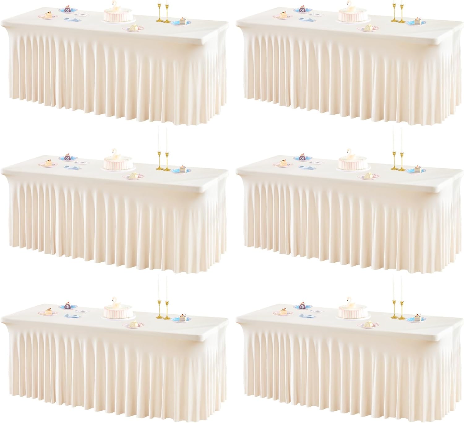 6 Packs Ivory Table Clothes for 6 Foot Rectangle Tables, One-Piece Wrinkle Resistant Stretch Spandex Table Covers with Skirt for Event Banquet Wedding Birthday Party