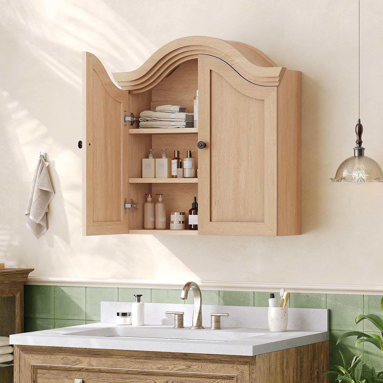Bathroom Wall Cabinet with Scalloped Arched Top & Adjustable Shelf, Over The Toilet Storage Cabinet with Recessed Door & 3 Shelves, Medicine Cabinet for Bathroom, Laundry Room, Natural