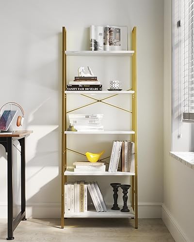 Miniatura 8 de Yusong Bookshelf, Ladder Shelf 5-Tier Bookcase for Bedroom, Industrial Book Shelves Storage Rack with Metal Frame for Home Office, Gold
