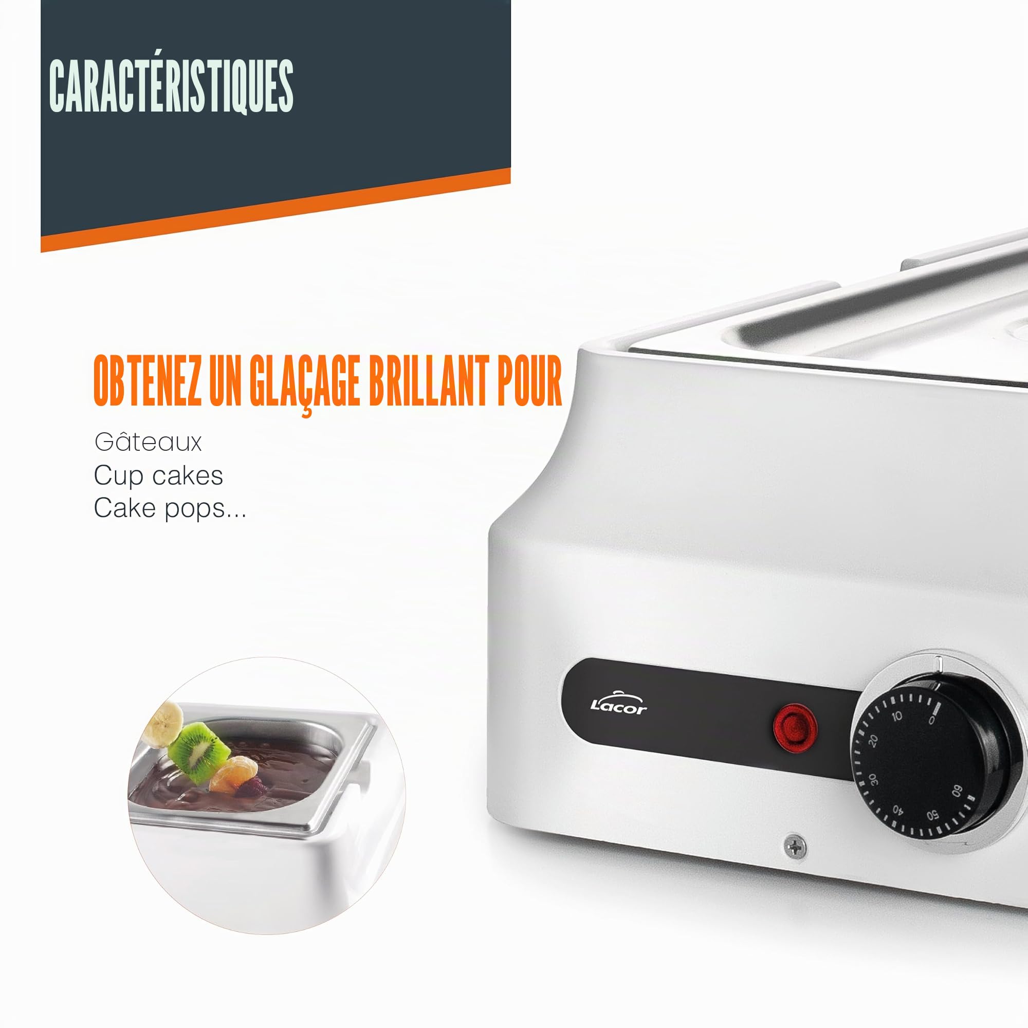 Lacor - 69618 - Bain-Marie à Chocolat, Blanc, 3,8 L, Acier Inoxydable 18/10, 80W, Thermostat Réglable 0-60 °C, Tempéreuse et Fondoir à Chocolat Professionnel, Chauffage 3D