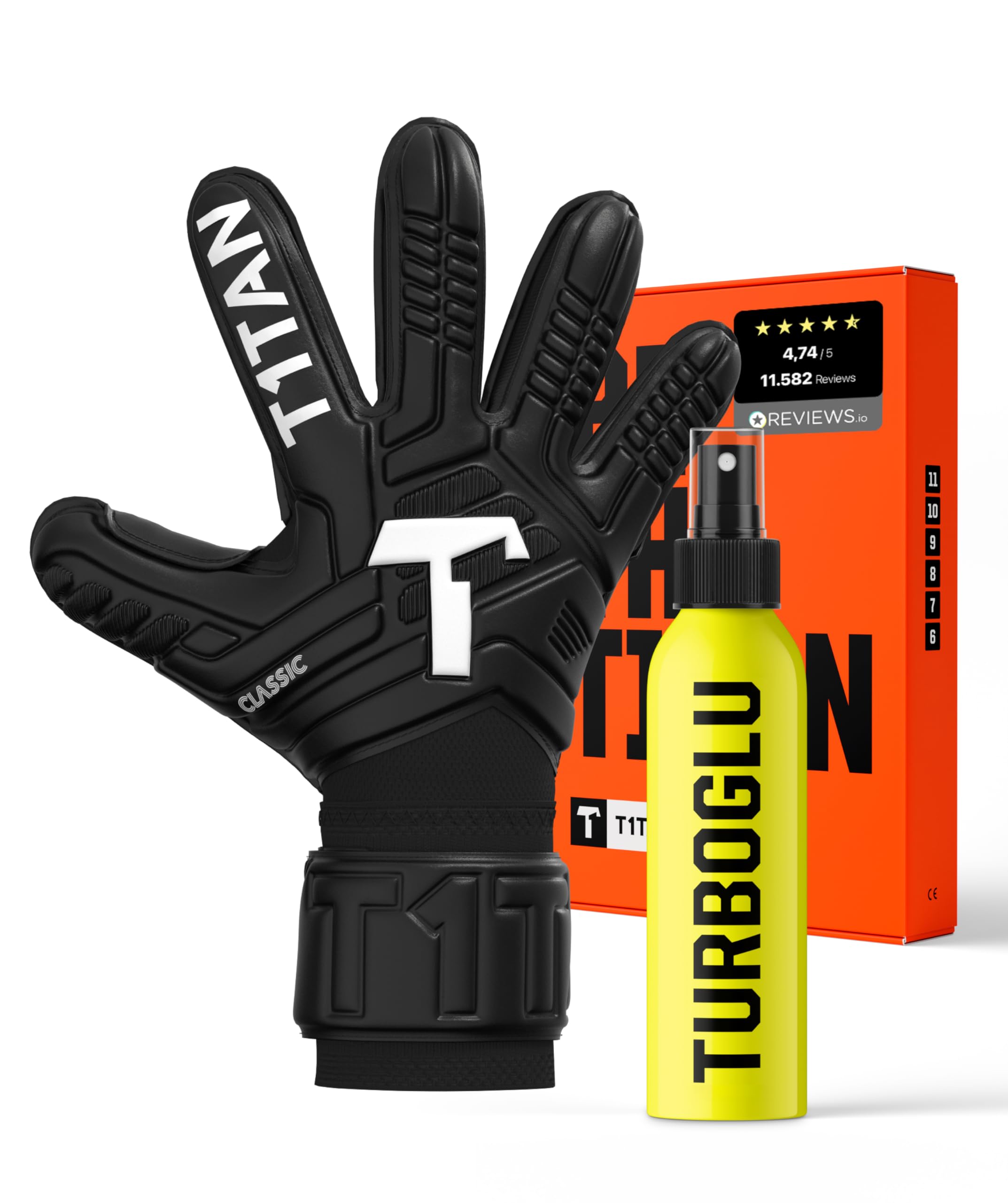 T1TAN Classic 1.0 Black-Out (FP) + Turboglu - Goalkeeper Gloves and Grip Booster - with Finger Protection - Football Gloves for Goalkeepers - Size 11