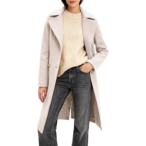 Women's Long Notch Lapel Coat, Double-Breasted Peacoat, Casual Classic Fall Winter Overcoat