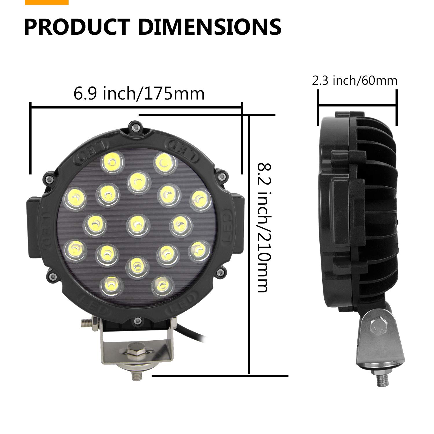 Willpower 2 fari da lavoro a LED per auto, 12 V, 18 cm, 51 W, 51 W, impermeabili IP67, spot off-road, fendinebbia, faro da lavoro a LED, per trattori 4 x 4 ATV SUV camion barca nero
