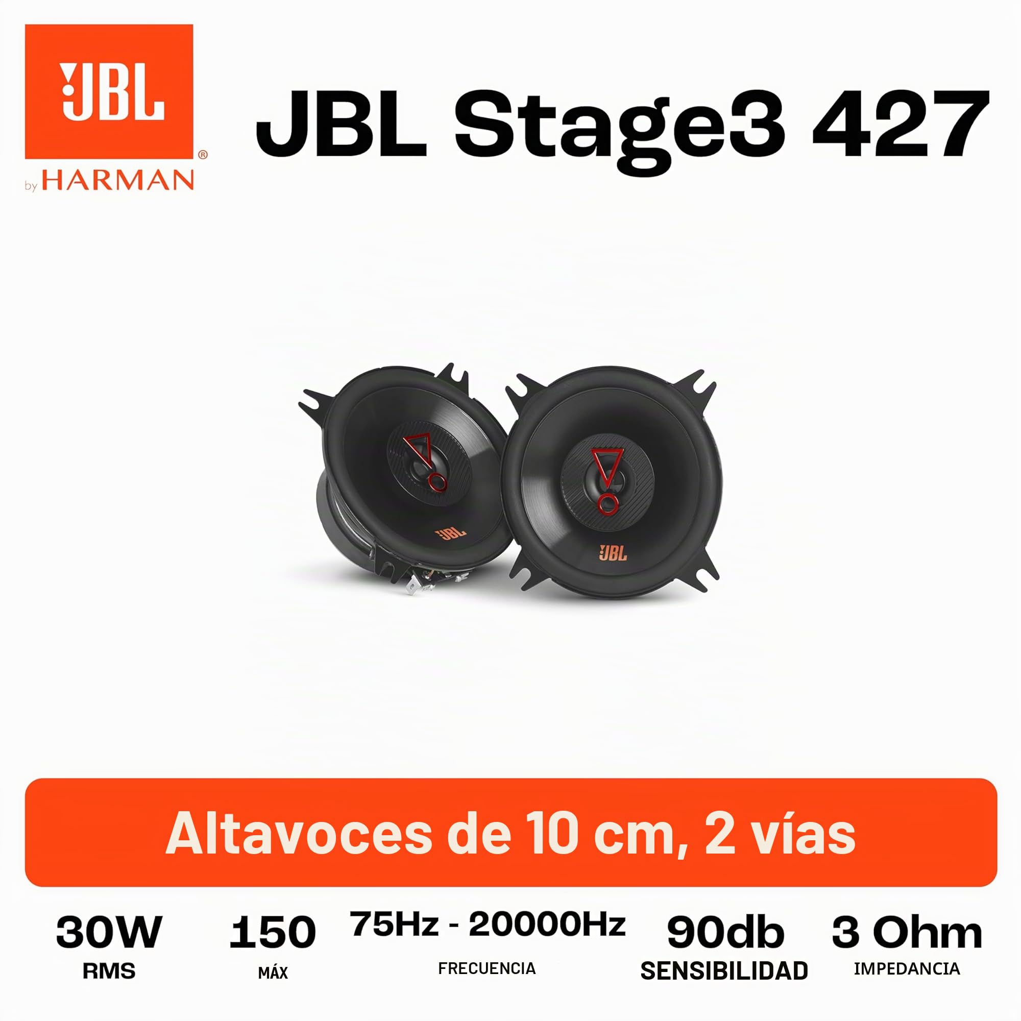 JBL Stage3 427 Juego de altavoces coche de 2 vías de Harman Kardon - 150 vatios JBL echo auto 10 cm