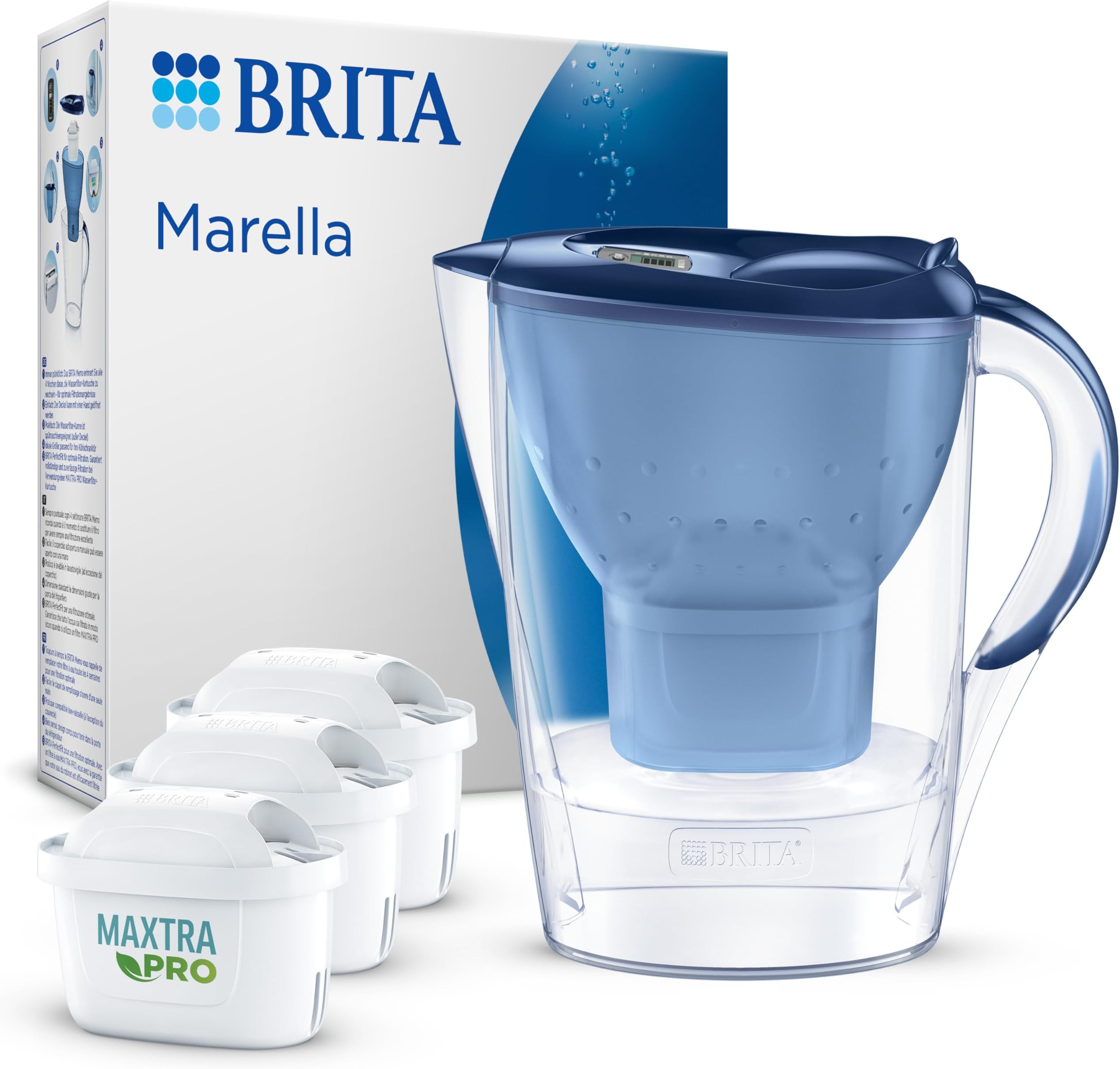 Marella Blue Water Filter Jug (2.4L) incl. 3 x Brita MAXTRA PRO All-in-1 Filters that Reduces Chlorine, Limestone, PFAS and Metals - Elegance and Functionality