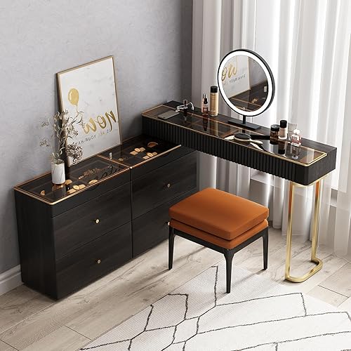 Lartis Tocador de maquillaje con taburete, muy fácil de montar, combinación de gabinete de TV retráctil, tocador en uno, súper almacenamiento Negro