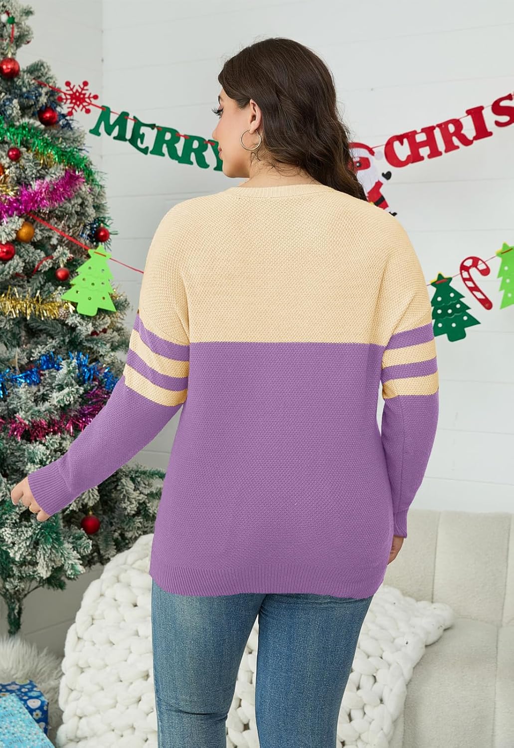 Womens Plus Size V Neck Sweaters Knit Long Sleeve Color Block Lightweight Warm Sweatshirt Pullover Tops Fall Winter Sweater - Image 3