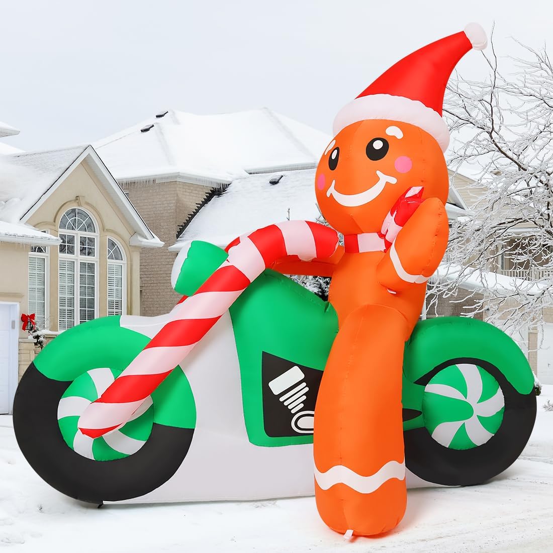 COMIN 6ft Christmas Inflatables Outdoor Decorations, Blow Up Gingerbread Man On A Motorbike Inflatable with Built-in LEDs for Christmas Indoor Outdoor Yard Lawn Garden Decorations - Image 4